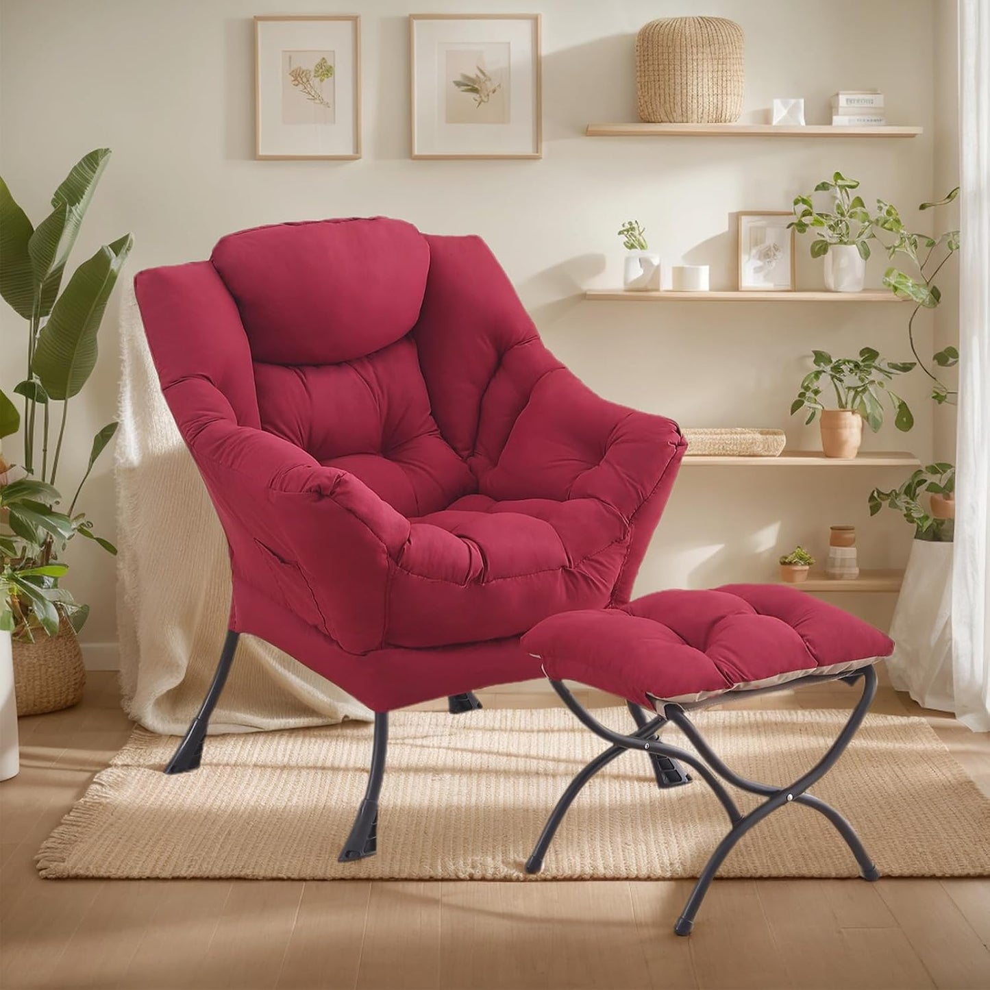 Lazy Chair with Ottoman, Large Modern Lounge Accent Chair with Armrests and Footrest, Reading Armchair with Ottoman, Leisure Sofa Chair for Living Room, Bedroom, Dorm Room, Office（Burgundy）