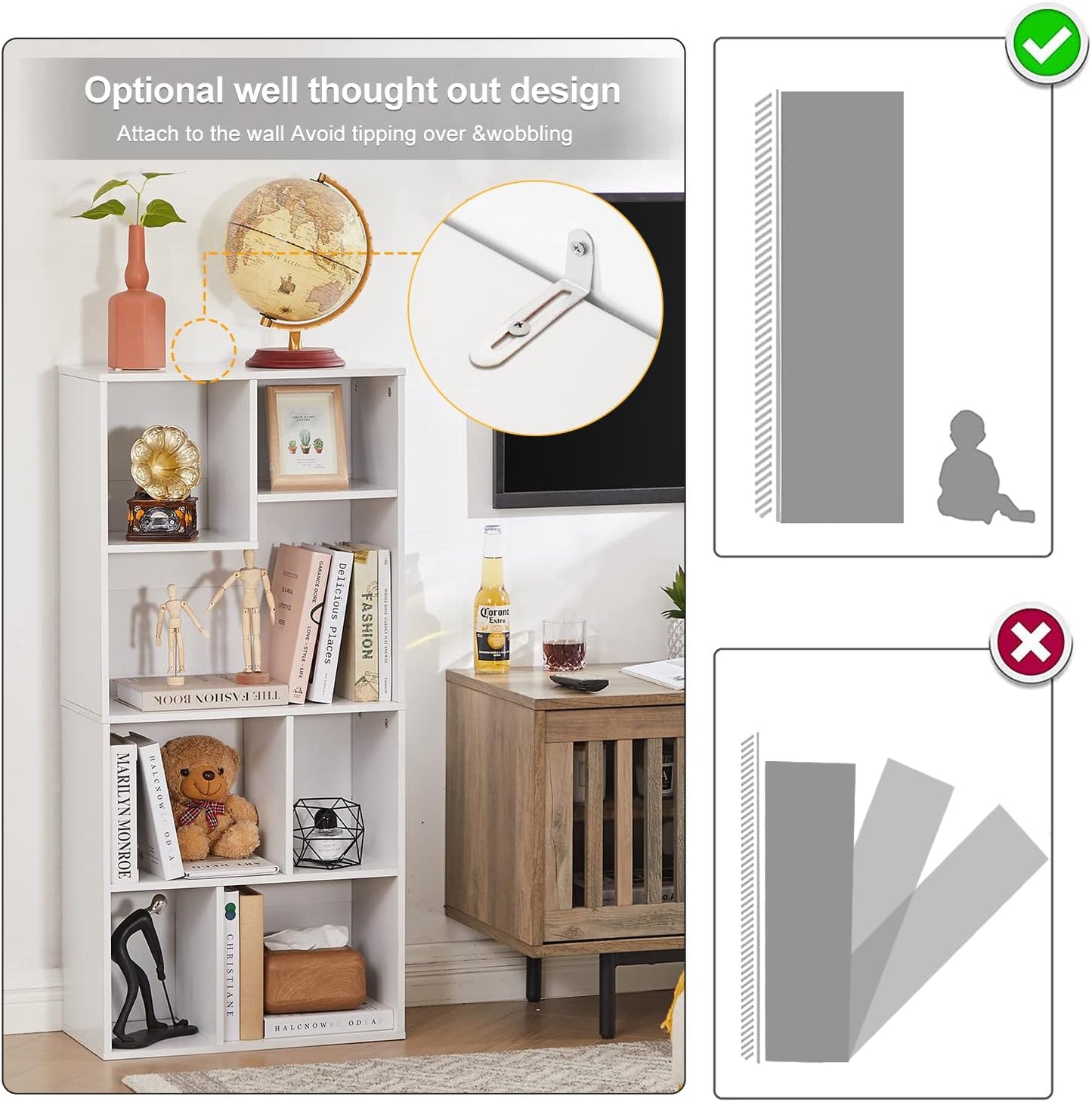 VECELO 42" Modern White Bookshelf, 7 Cube Organizer Bookcase,Fits Tallest Hardcovers, Horizontal Available,Floor Standing Display,Easy Assembly, Pearl White