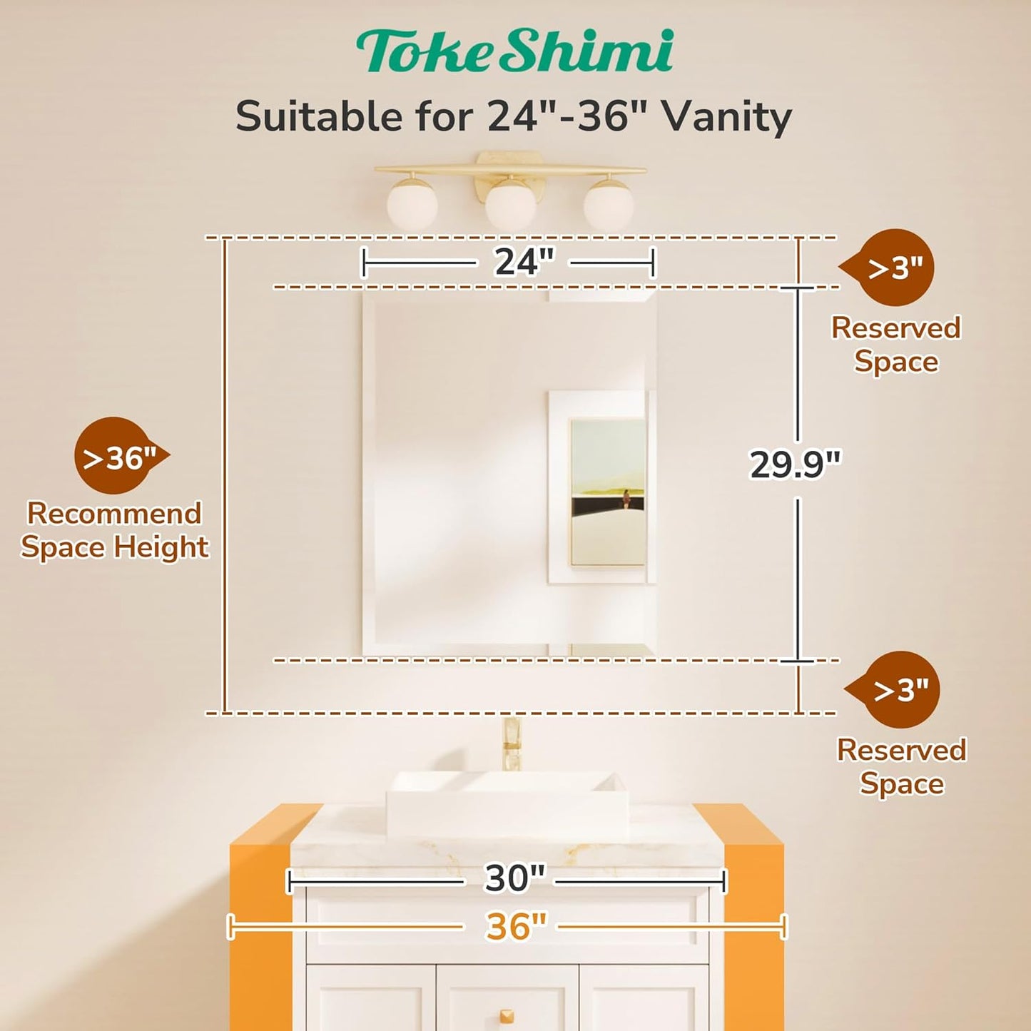 TokeShimi 24x30 Frameless Bathroom Mirror for Over Sink, Tempered Beveled Wall Mirror with 1" Beveled Edge, Shatterproof Rectangle Mirrored for Vanity, Living Room, Entryway, Restroom
