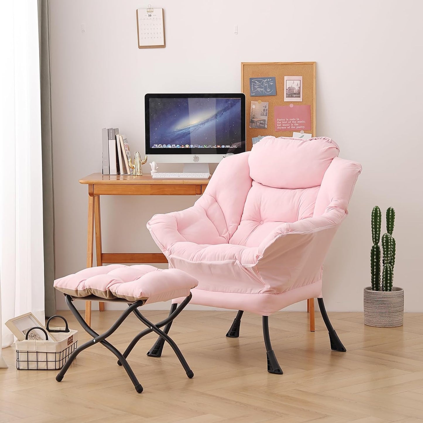 Lazy Chair with Ottoman, Modern Chair with Folding Footrest, Lounge Accent Chair, Comfortable Reading Chair, Oversized Armchairs for Bedroom, Study, Living Room, Courtyard (Pink
