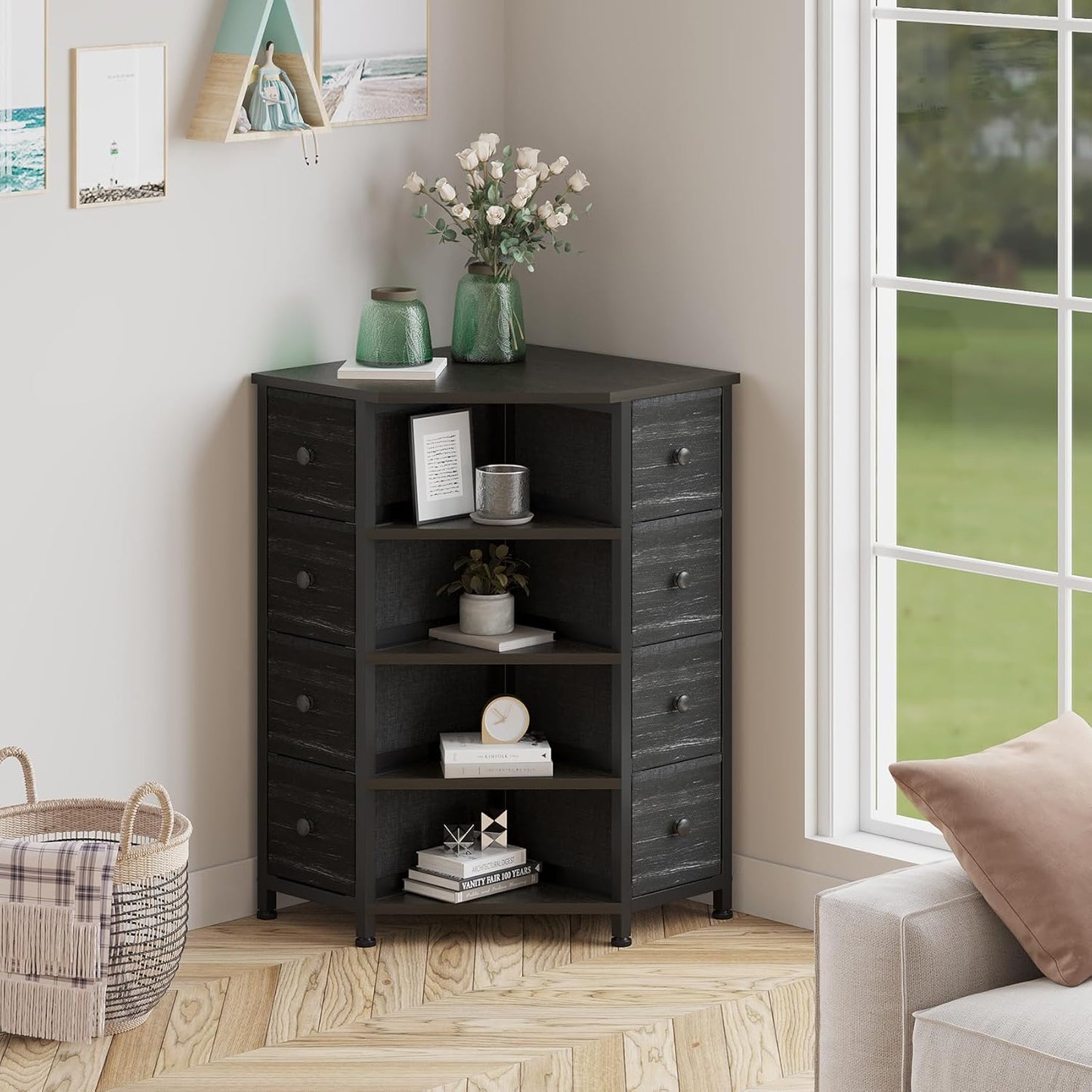 LUMTOK 8 Drawers Corner Dresser with Storage Fabric Drawers and Open Shelves for Small Space，Bedroom，Entryway，Living Room (Black Wood Veins)