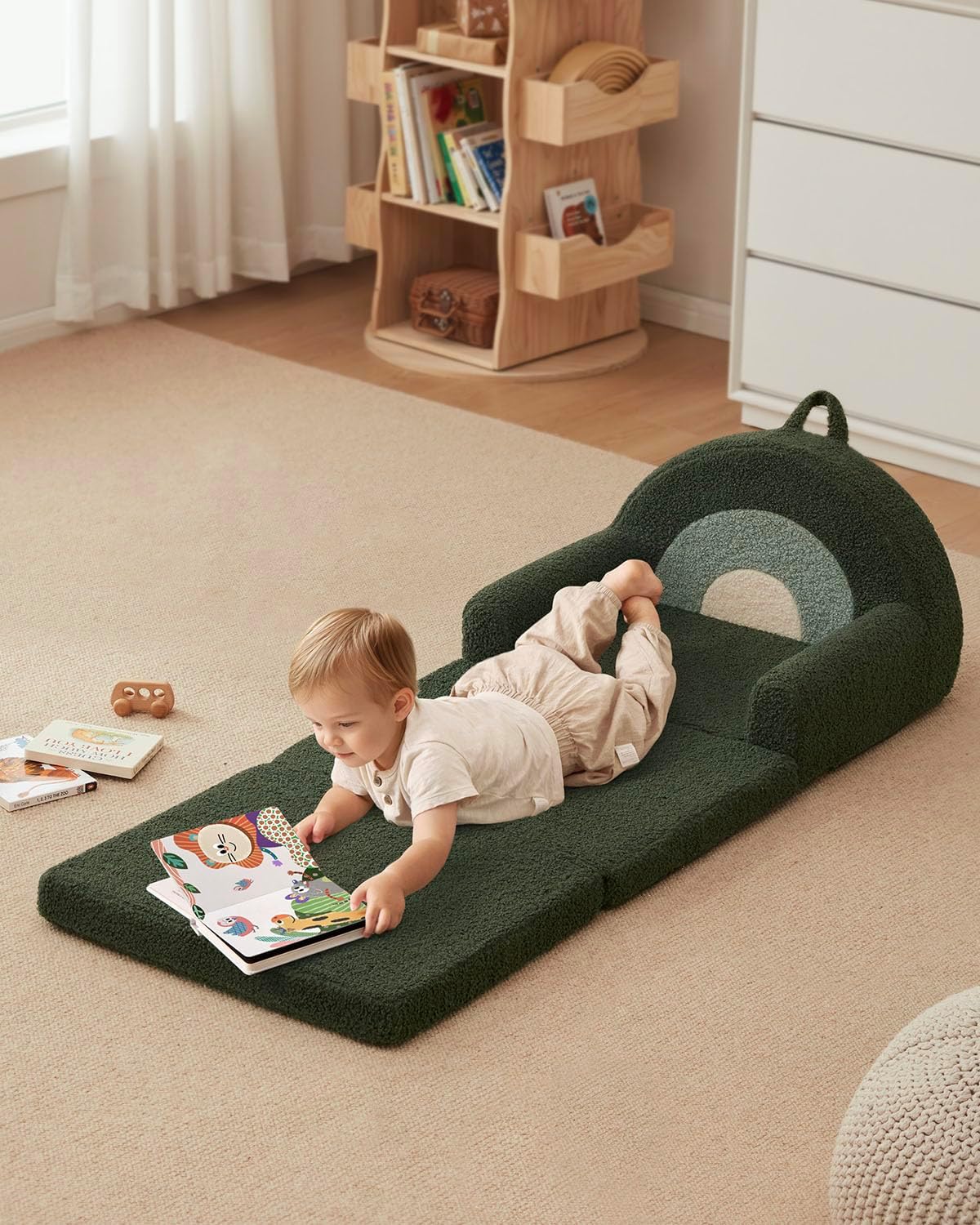 Blissful Diary Foldable Toddler Couch, 2-in-1 Comfy Toddler Chair & Lounger for Reading, Nap, Playroom, Kids Couch Sofa for 1 2 3+ Year Old Girls Boys Birthday Gift, Dark Green Arclet