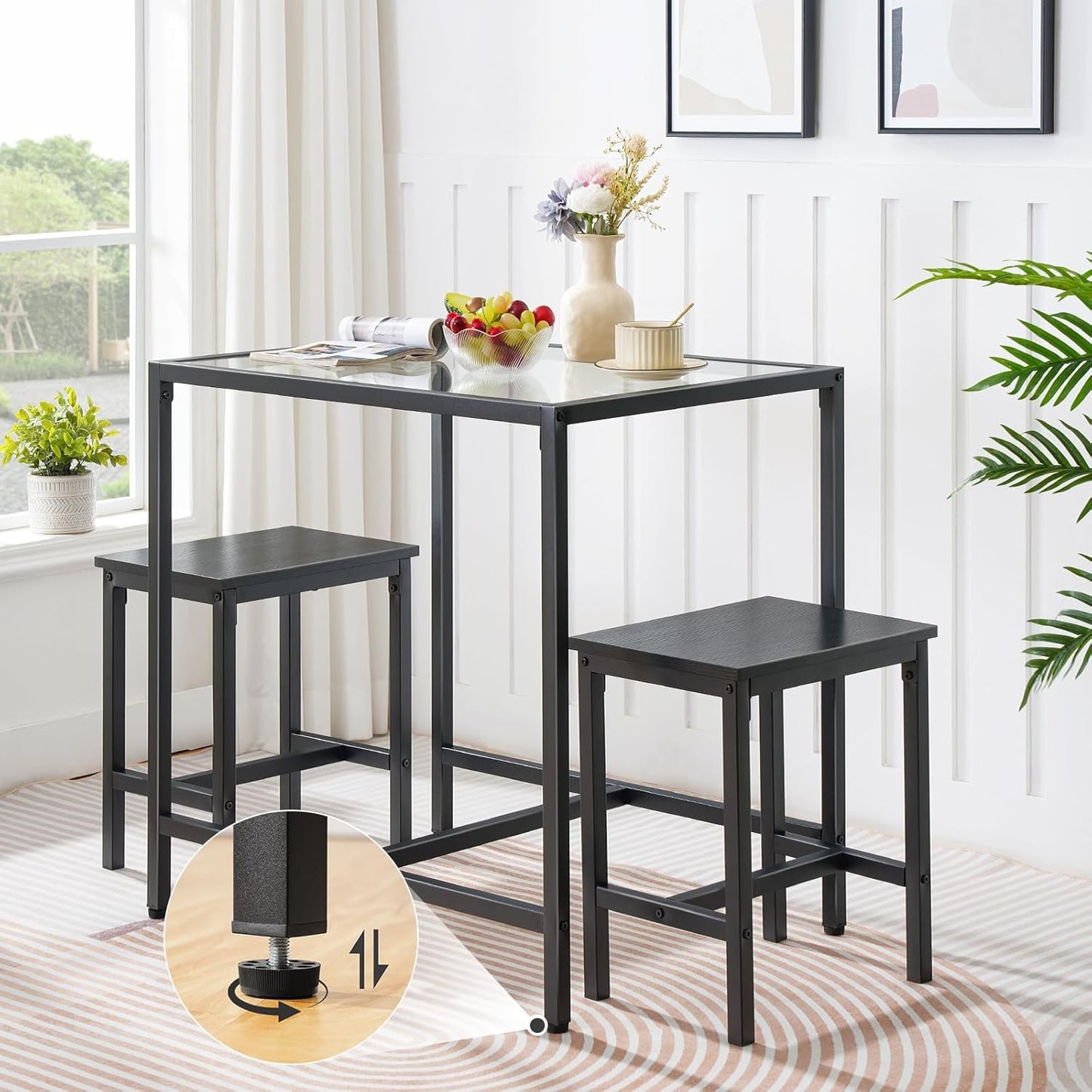 HOOBRO Mordern Dining Table Set, Glass Dining Room Table Set for Small Spaces, Kitchen Table and Chairs for 3 Table with Chairs Home Furniture Rectangular, Black BK80CZ01