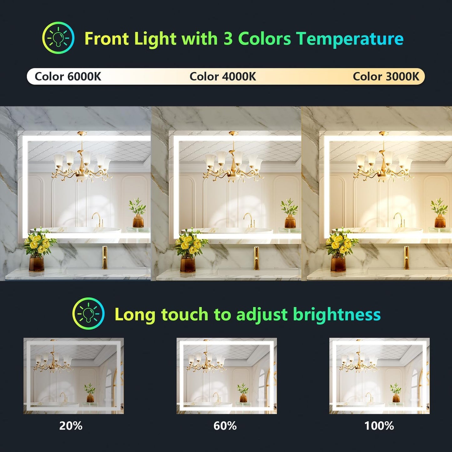40x30 Inch RGB LED Bathroom Mirror Front Light and RGB Backlit Lighted Vanity Mirror for Bathroom Wall Mounted Dimmable Anti Fog Memory Shatter-Proof IP54 Waterproof Horizontal/Vertical