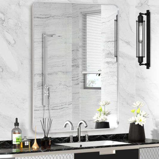 Silver Framed Bathroom Mirror, Brushed Nickel Large Rounded Corner Rectangle Wall Mirror, Tempered Glass, Shatter Proof, Anti-Rust, Hangs Horizontally or Vertically (28" x 36", Silver)