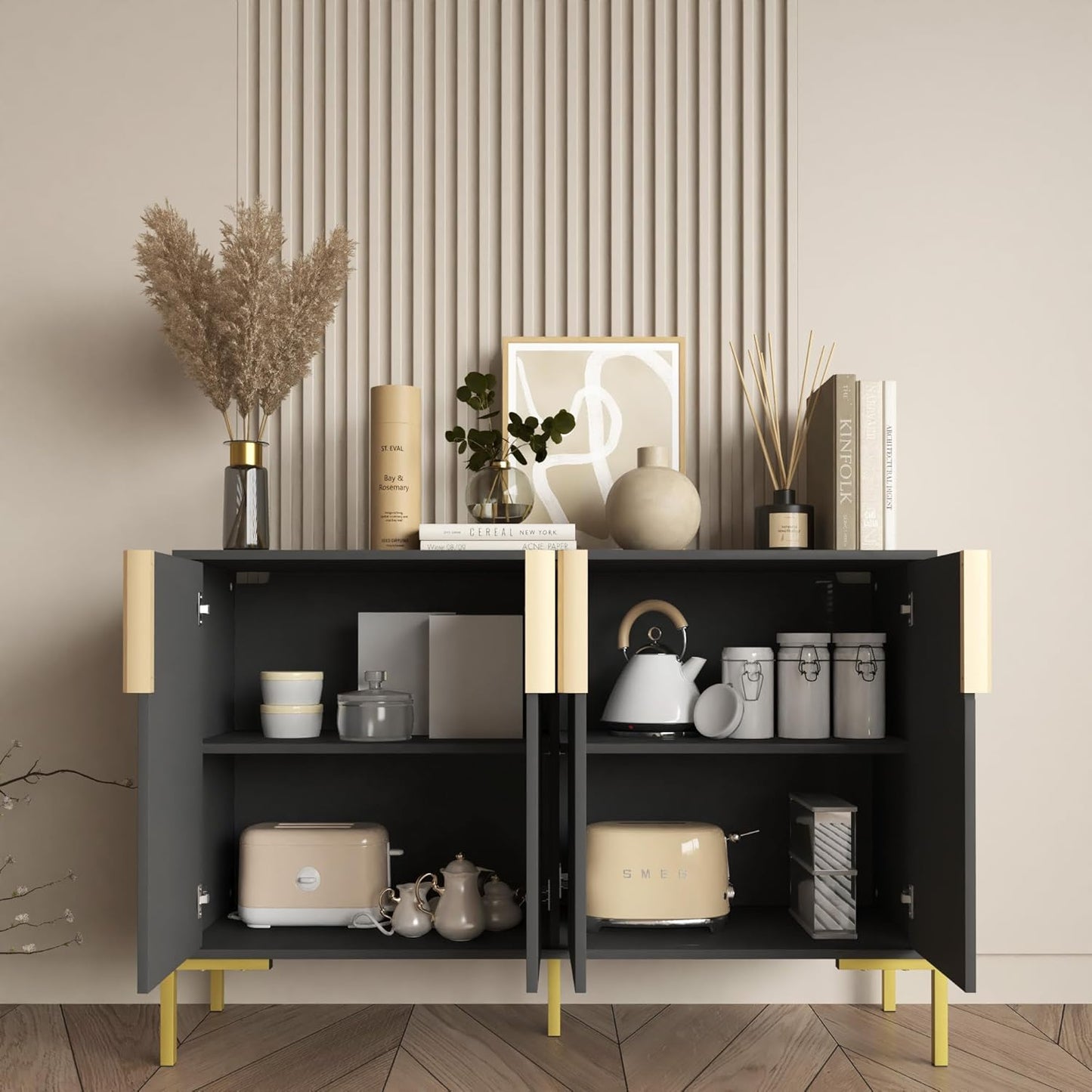 4 Doors Sideboard Buffet Cabinet with Adjustable Shelves,Modern Accent Sideboard with Golden Legs,Wide Storage Cabinet for Kitchen,Living Room,Black