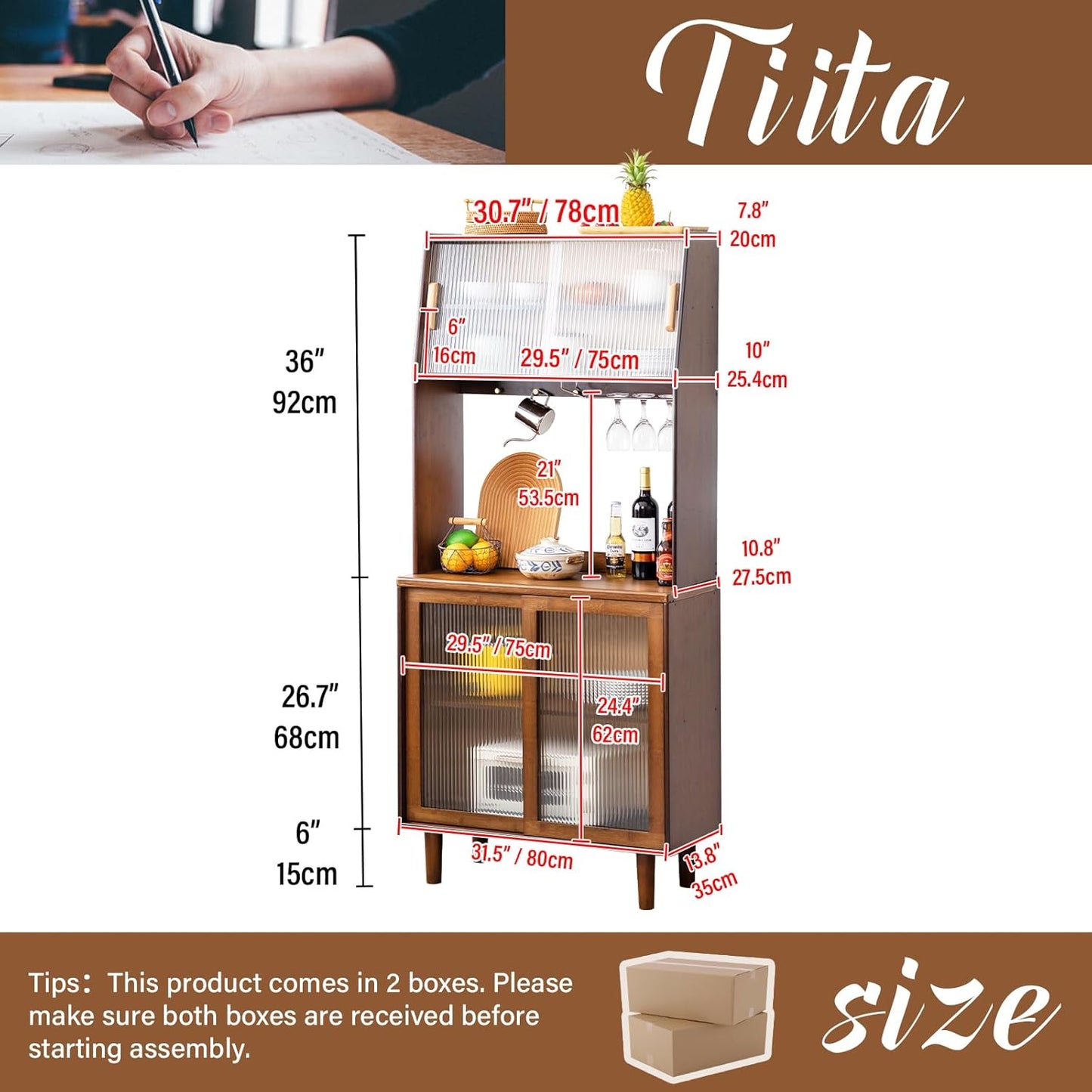 Tiita Kitchen Hutch with Countertop, 69” Rattan Solid Wood Pantry Cabinet with Hutch, Boho Bamboo Sideboard Buffet Cabinet, Boho Entryway Table for Living Room, Home Bar, Hallway, Walnut