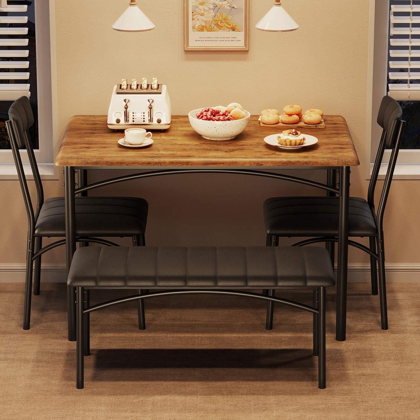 GarveeHome Dining Table Set for 4, Kitchen Table with Upholstered Chairs and Bench, Wood Rectangular Dining Table and Chairs Set for Small Space, Apartment, Dinner, Rustic Brown