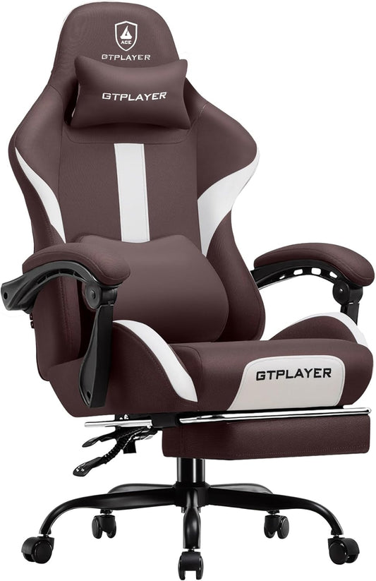 GTRACING Gaming Chair with Foot Rest & Pocket Spring Cushion, Breathable Fabric for Home Office Desk, Ergonomic High Back Computer Chair with Headrest & Lumbar Support, Brown