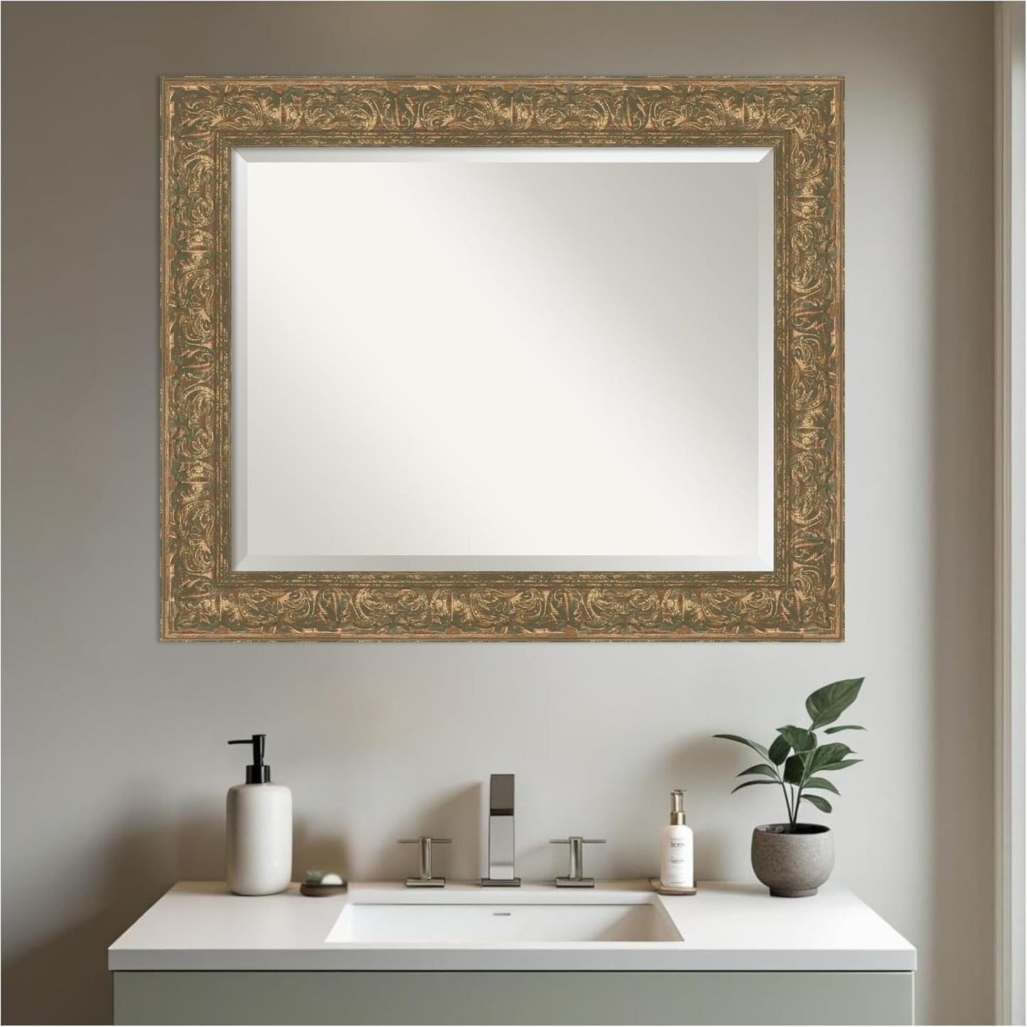 Amanti Art Bronze Bathroom Mirror for Over Sink, 29x35 Luxe Bronze Gold Rectangle Vanity Mirror, Large Traditional Frame, Hangs Horizonally and Vertically, Bathroom Wall Decor, Beveled Edge