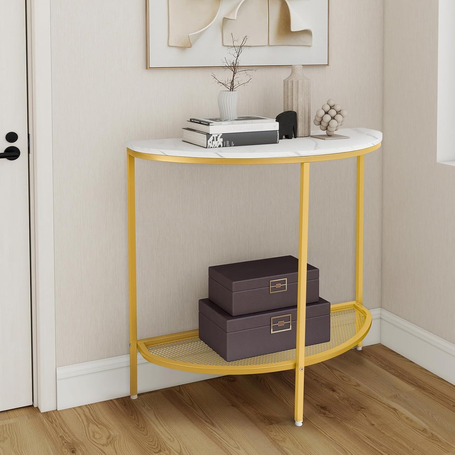 Entry Table Narrow Livingroom Furniture: 2 Tier Modern Console Table with Gold Frame and Imitation Marble Top for Kitchen Bedroom Hallway Living Room Office and More (Gold)