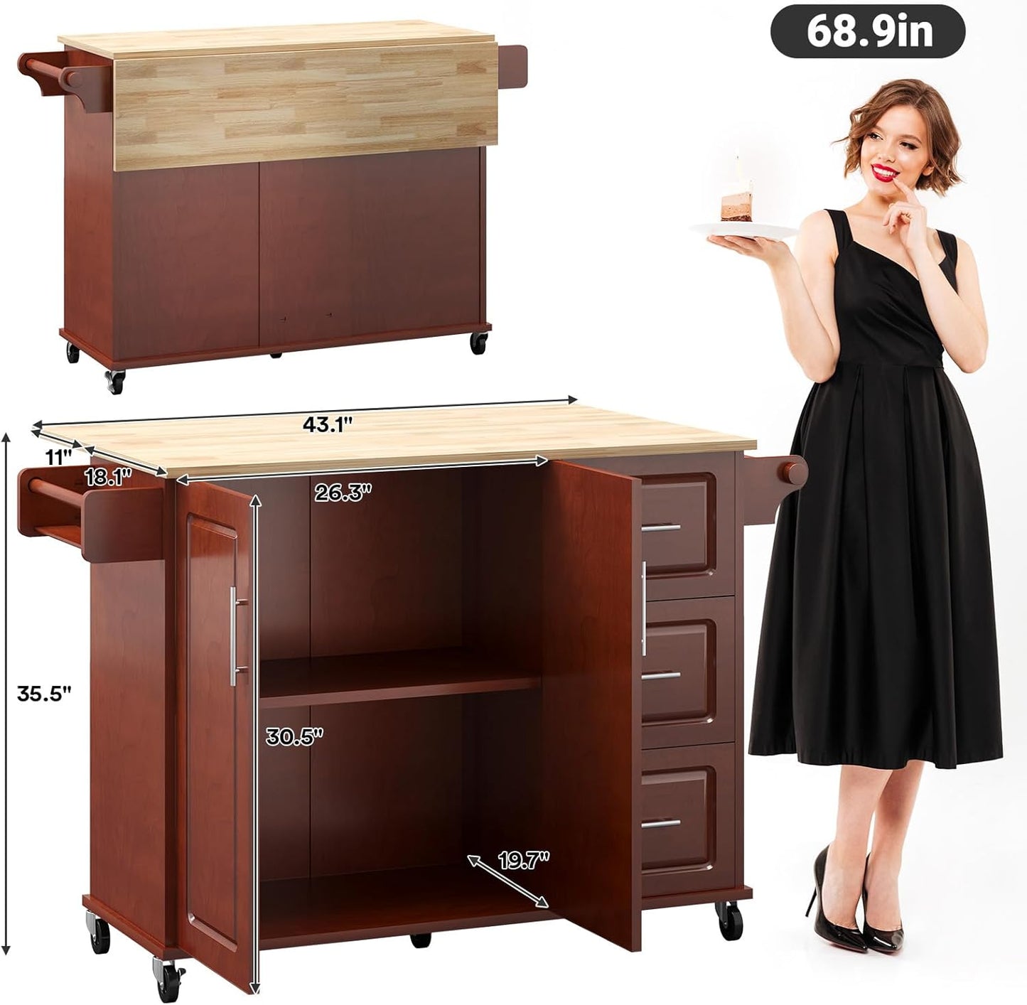 Rovibek 53" Kitchen Island on Wheels with Drawers - Large Rolling Island Cart with Storage, Cabinet, Spice Rack, and Towel Holder