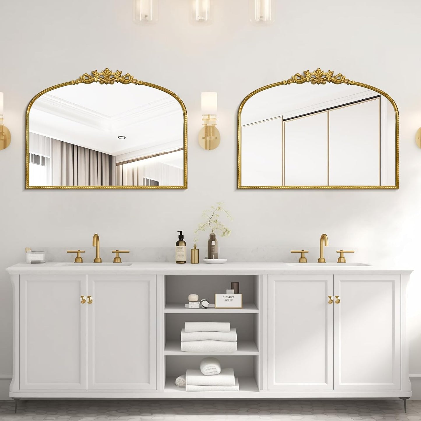 WallBeyond Gold Vintage Mirror - 32x24 Inch, Arched Antique Mirror with Ornate Frame for Bathroom, Living Room, Fireplace, Entryway