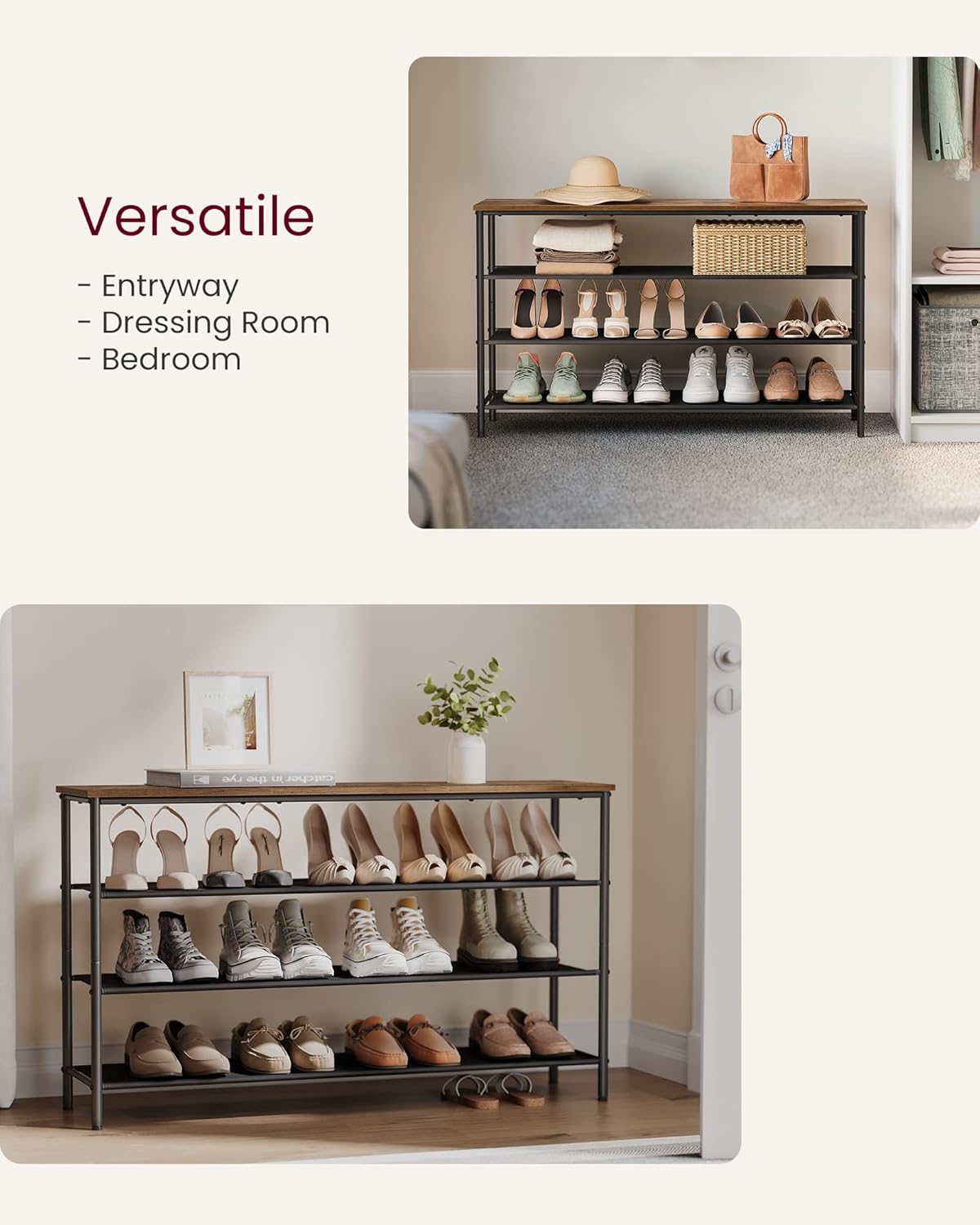 VASAGLE Shoe Rack, 4-Tier Shoe Storage Organizer for Entryway and Closet, Holds 15-18 Pairs of Shoes, 3 Fabric Shelves, Steel Frame, Industrial, Rustic Brown and Black ULBS135B01