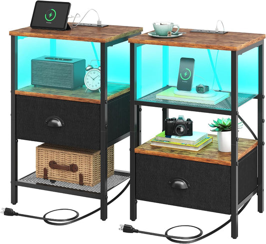 Sthmec Nightstands Set of 2, LED Bedside Tables with Charging Station and Fabric Drawer, Night Stand with Storage, 3 Tier Side Table with Open Shelf, LED Nightstands with Charging Station,Rustic Brown