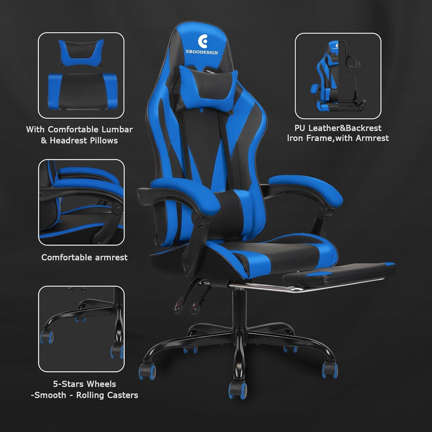Gaming Chair with Linkage Armrest & Footrest, High Back Video Gaming Chair, Black/Blue