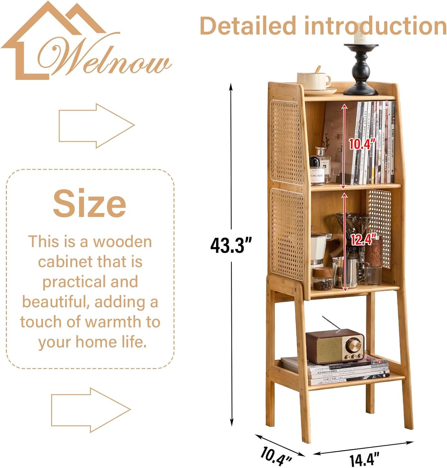 Welnow Bamboo Rattan Bookcase with Cabinet, 2-Tier Storage Shelf with Side Table & End Table Function, Large Modern Wood Organizer for Living Room or Bedroom, Natural Bookshelf