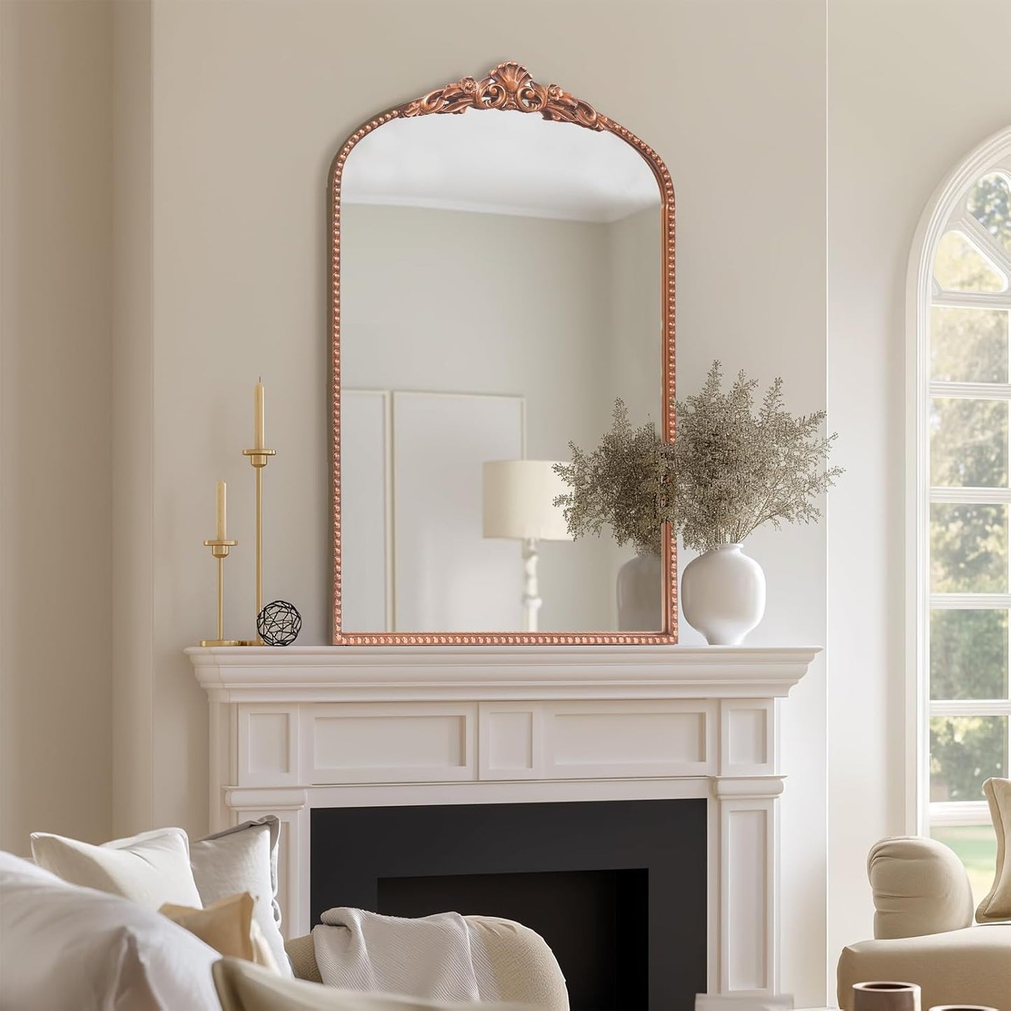 G-LEAF Vintage Baroque Mirror 24"X36", Arched Mantel Victorian Antique Farmhouse Mirror with Ornate Metal Frame for Fireplace Entryway Living Room Hallway Bathroom