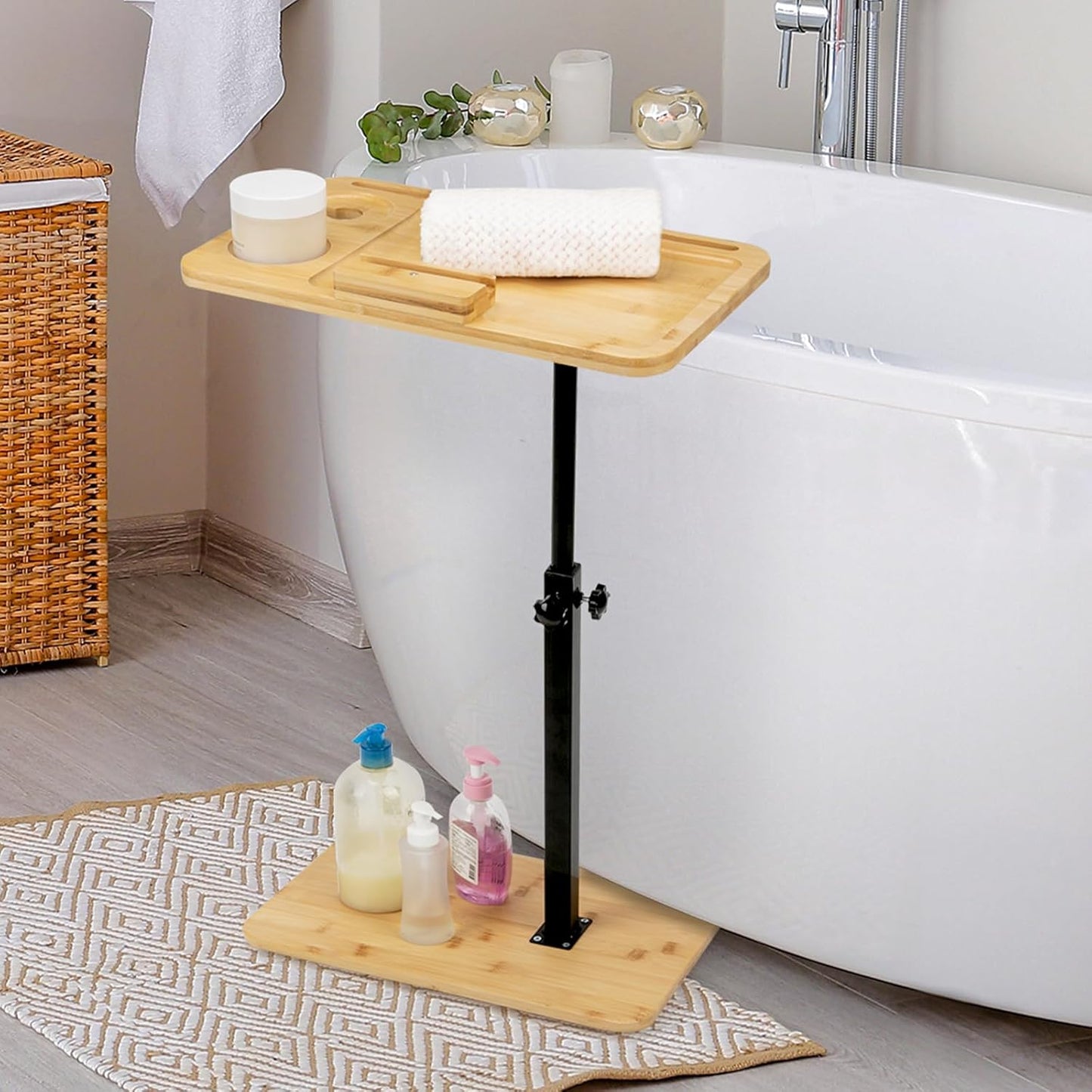 Bamboo Sofa Side Table Adjustable Height,Snack C Shaped End Table with Swivel Phone Stand,TV Trays for Eating on Couch, Small Spaces/Bathtub/Recliner/Bed/Sofa,Oblong.