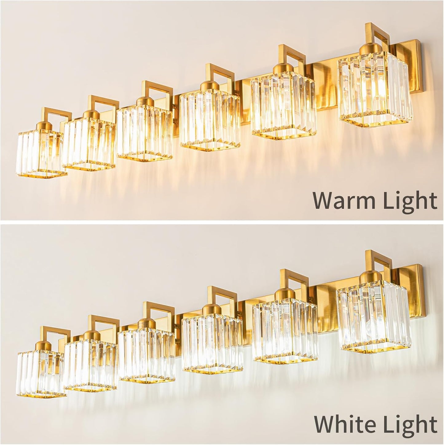 Modern Crystal Bathroom Vanity Light - 6-Lights Gold Brushed Brass Finish Wall Lamp