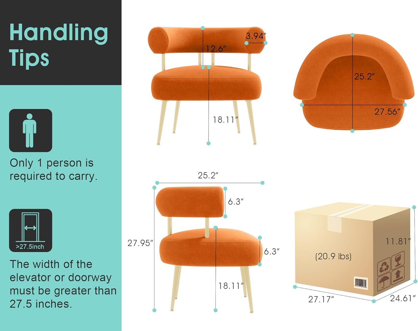 Modern Velvet Accent Chair, Round Upholstered Barrel Armchair for Small Spaces, Fluffy Side Corner Sofa Chair for Living Room, Bedroom, Vanity, Office, Reading Nook(Orange)