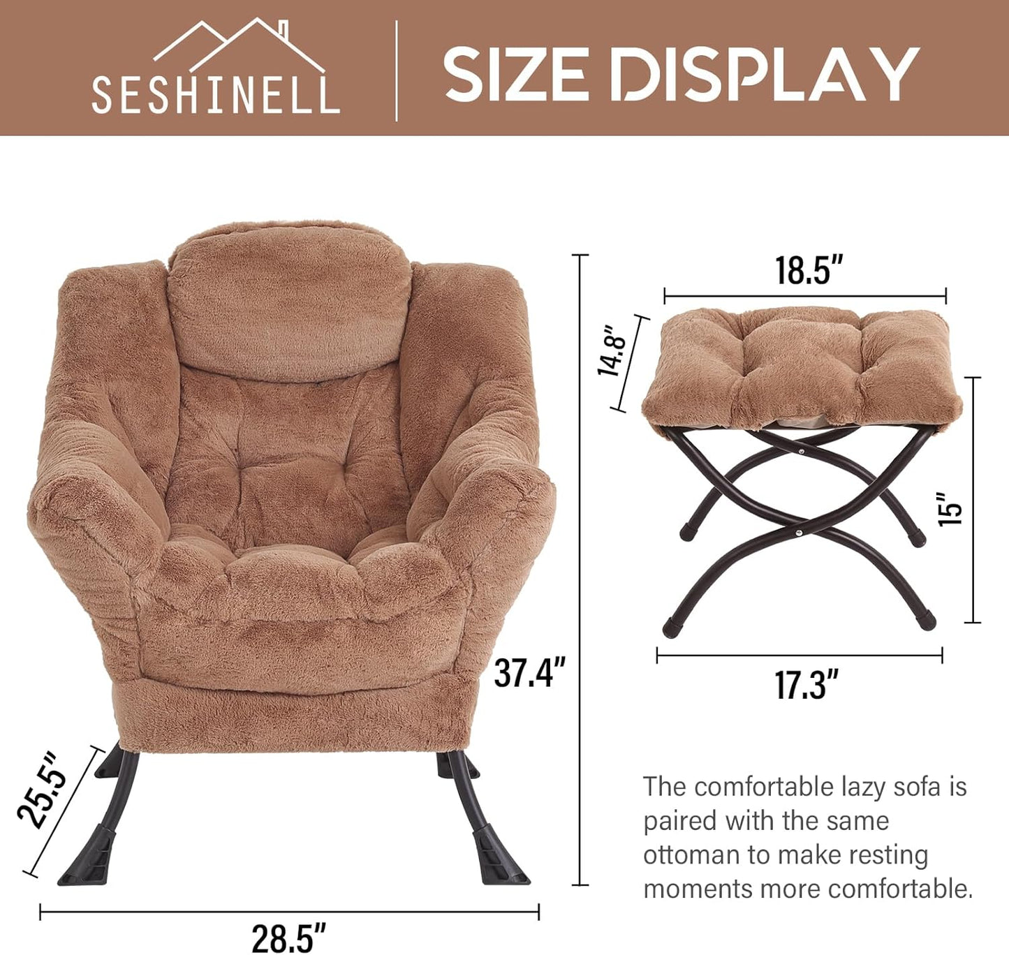 Lazy Chair with Ottoman, Modern Accent Chair Lounge Leisure Sofa Chair with Armrests, Reading Chair and Folding Footstool for Living Room, Bedroom, Office, Plush Brown