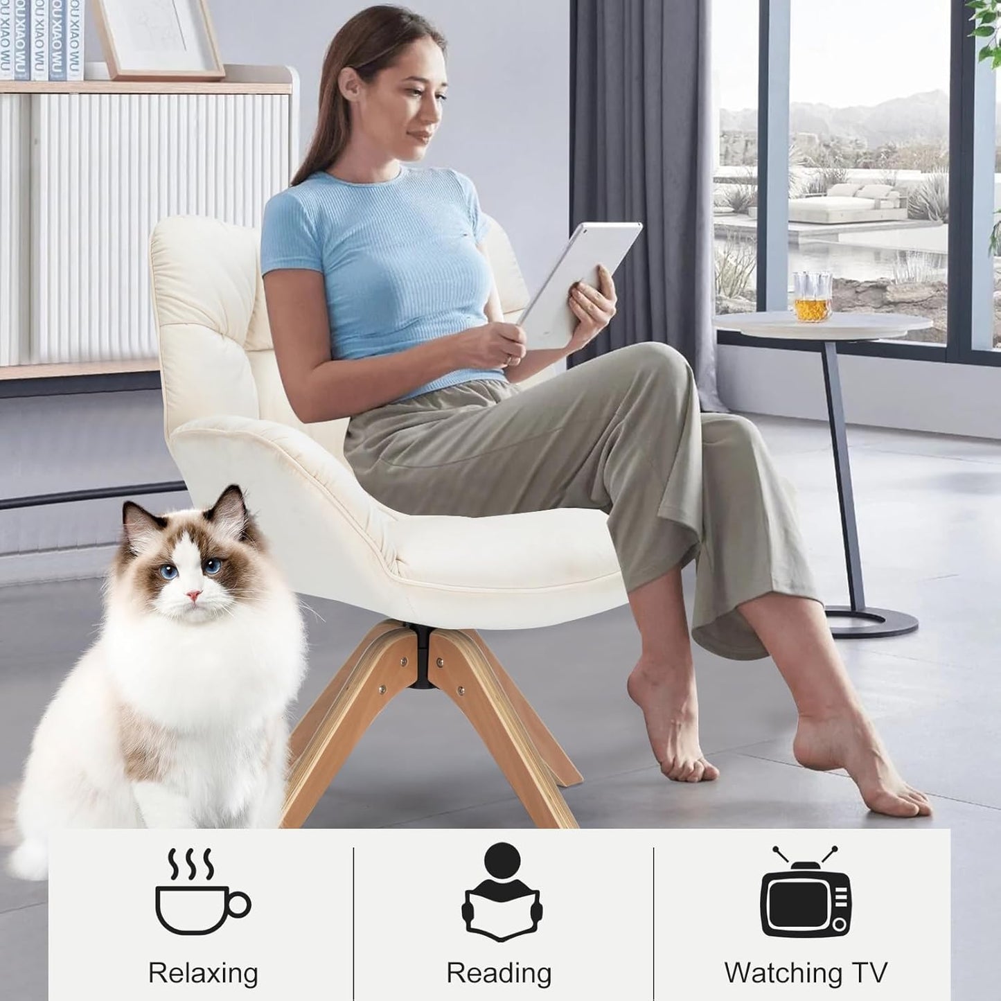 Mid Century Accent Chair, Fabric Desk Chair, Modern Cozy Vanity Chair no Wheelwith Wood Legs, Upholstered Single Boucle Armchair for Living Room Bedroom Office Guest Room Dining Room (Beige)