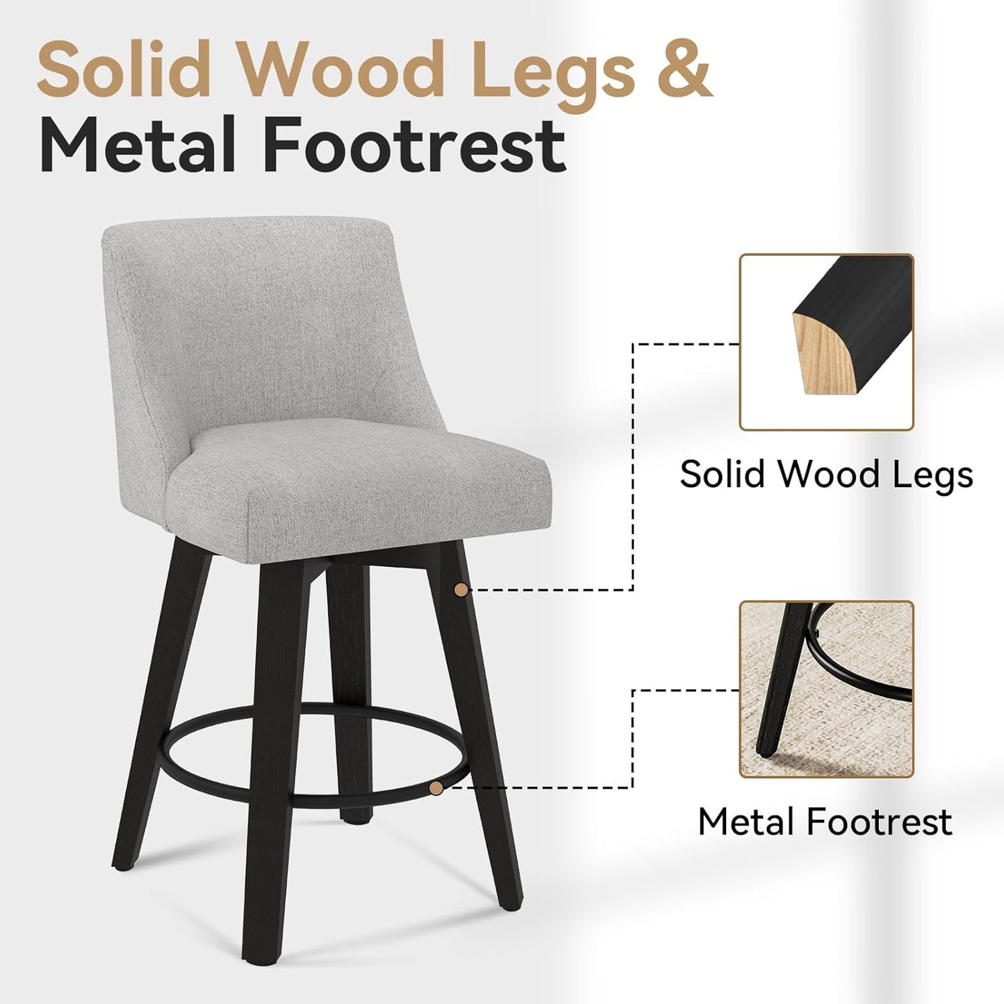 26.8 Inch Counter Height Bar Stools with Back, Swivel Bar Stools Set of 2, Modern Kitchen Barstools with Footrest, Linen Upholstered Bar Chairs, Solid Wood Legs for Island, Pub, Light Grey