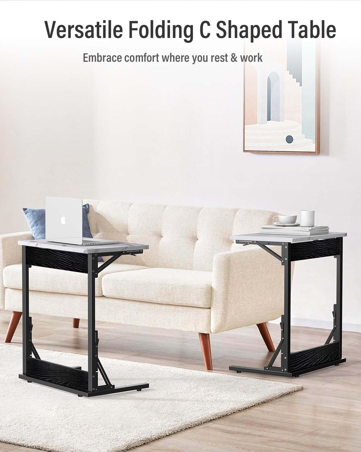 Tatub 24" Folding TV Tray Table, Marble C Shaped End Table for Couch, Small Sofa-Side Laptop Desk with Black Metal Frame for Living Room, Bedroom, Bedside