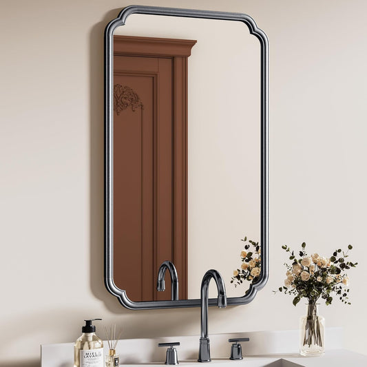 26"x40" Rustproof Bathroom Mirror Black, Round Corner Metal Frame Wall Mirror, Horizontal/Vertical Hanging Over Sink, Bedroom Bathroom Decor