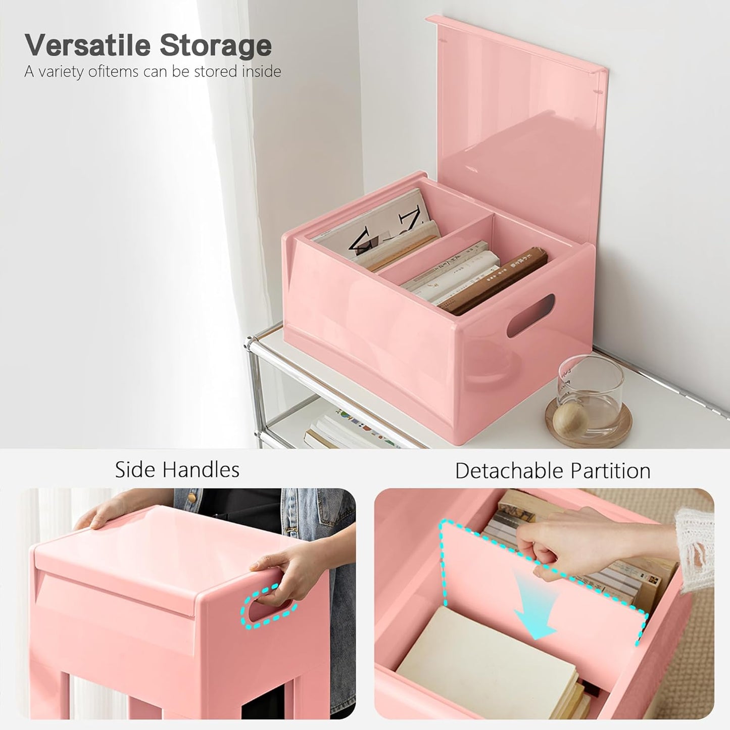 Nightstand Bedside with Storage Space, Multifunctional Colorful Plastic End Table Small Side Table for Bedroom, Dorm and Small Spaces, Easy Assembly(14.7" D x 11.8" W x 15.8" H, Pink)