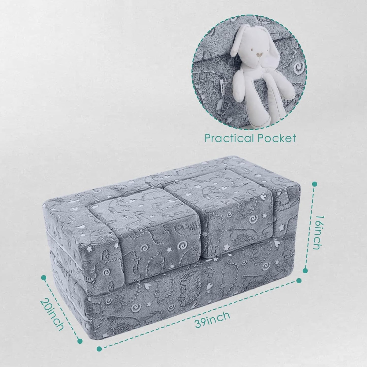 MeMoreCool Glow-in-The-Dark Dinosaur Modular Kids Play Couch — Convertible Foam Sofa for Toddlers, Multi-Configuration Climbing & Fort Building Furniture with Washable Covers, Gray