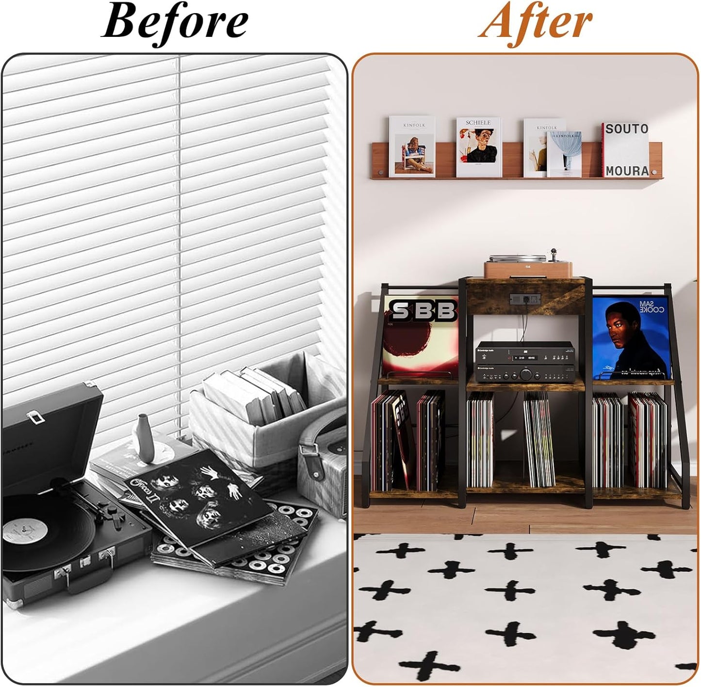 Large Record Player Stand Vintage Record Stand-Large Vintage Record Player Table with Power Outlet and LED Light,Record Storage Rack with Vinyl Display Shelf for Up to 300 Albums