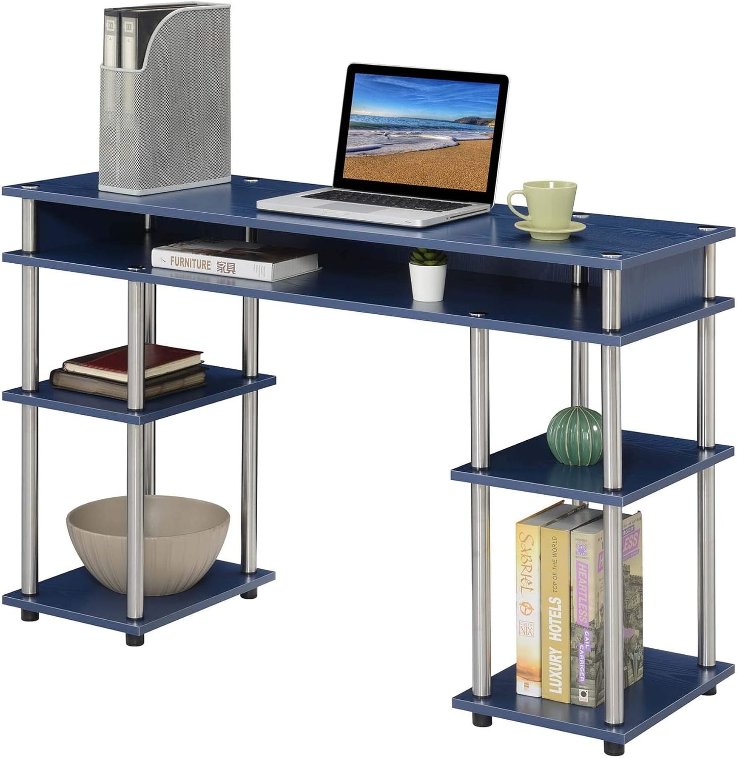 Convenience Concepts Designs2Go No Tools Desk Home Office Desk with Shelves, Corner Shelf Vanity Desk Computer Desk Nail Table for Nail Tech - 47.25" L x 15.75" W x 30" H, Cobalt Blue