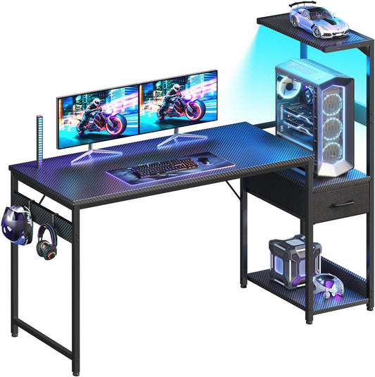Casaottima 54 Inch Gaming Desk with Storage & LED Lights, Reversible Computer Desk with Display Shelves & Fabric Drawer, Modern Gamer Desk Table with Side Headphone Hook, Carbon Fiber Black