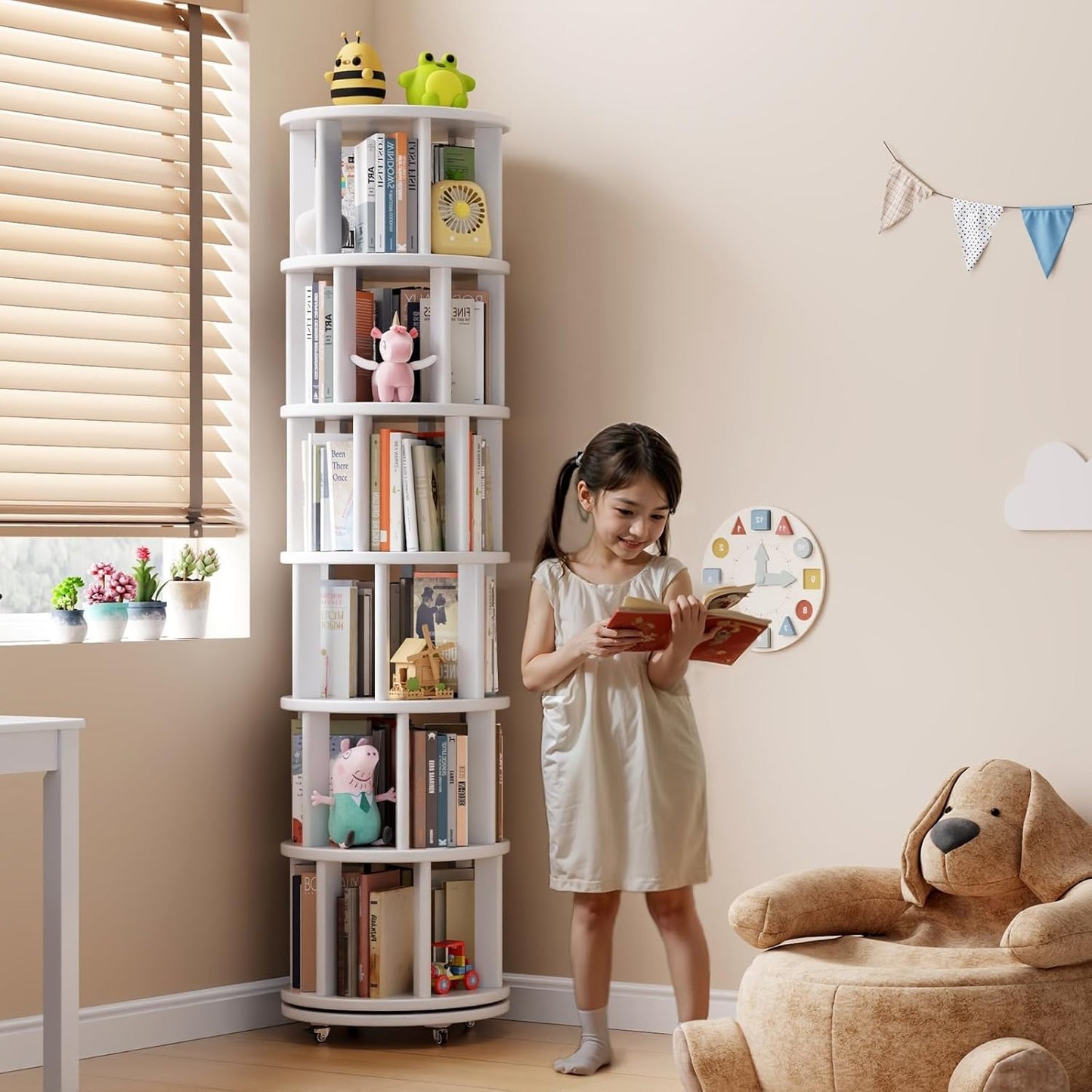 Solid Wood Rotating Bookshelf on Wheels, 6 Tier, Round Revolving Bookcase, 360° Spinning Book Shelf Tower for Kids, Narrow Rolling Bookshelves for Small Space, Corner, Bedroom, Office, White