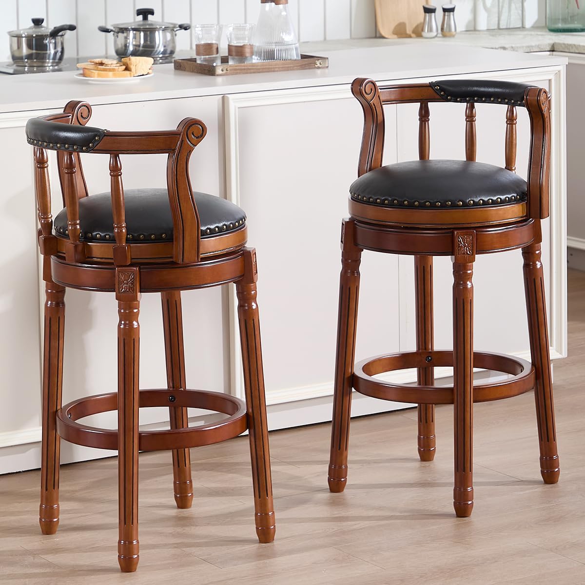 Cow top Leather Wooden Bar Stools, 360 Degree Swivel Bar Height Chair with Backs for Home Kitchen Counter, Morden Chair Barstools (Black, Bar Height-Seat Height 29.5”)