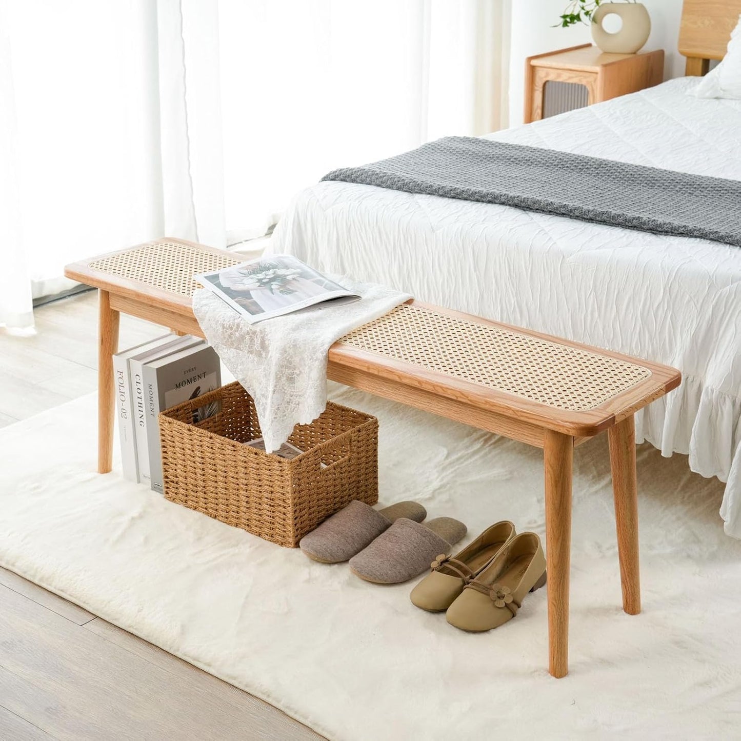 Entryway Bench, Solid Wood Dining Bench, Midcentury Modern End of Bed Bench with Rattan Woven Top for Bedroom, Kitchen, Entry Way, 47.2" L x 11.2" W x 17.7" H, Natural