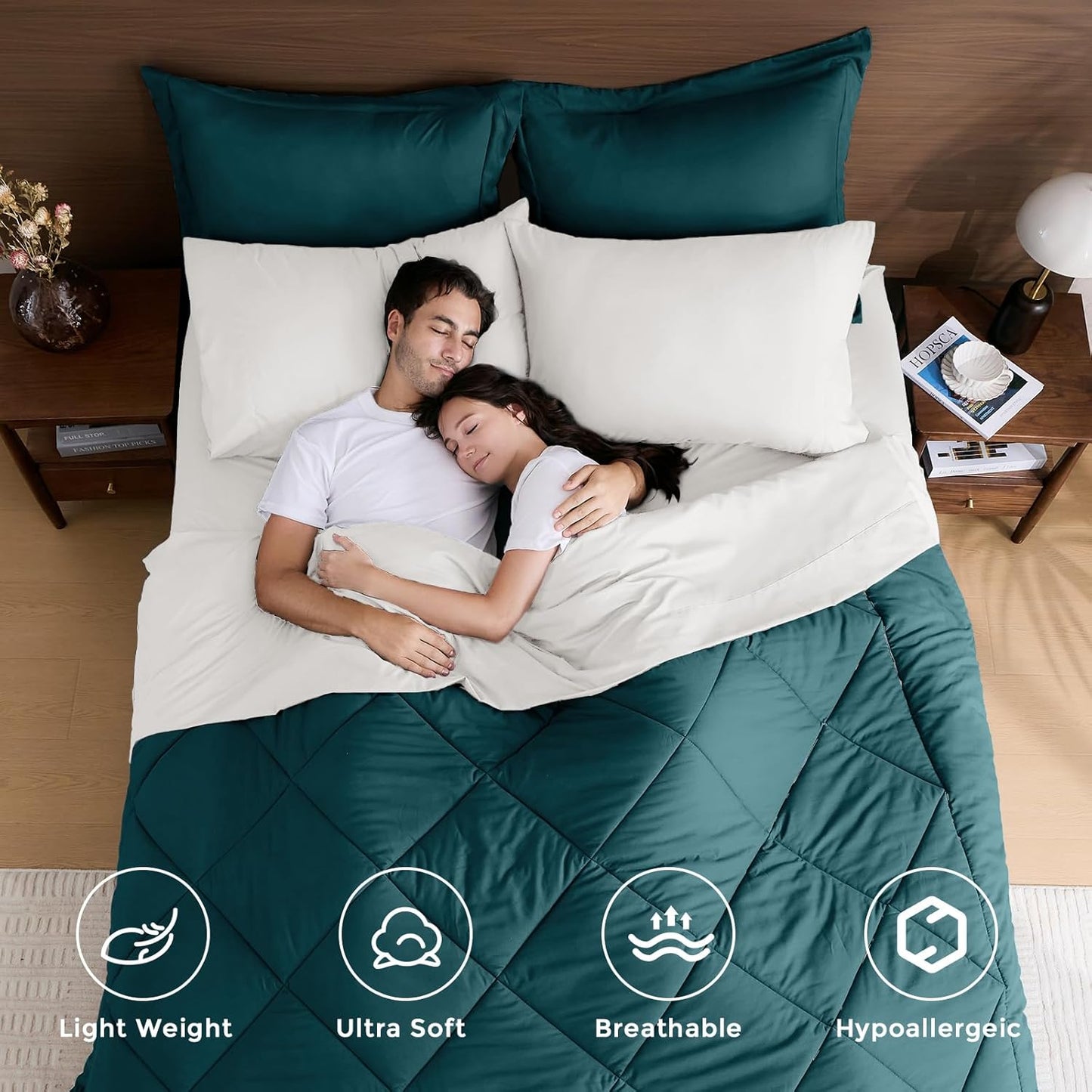 HEVUMYI King Comforter Set - 7-Piece All Season Bed in a Bag King, Ultra Soft Bedding Set with Comforter, Flat Sheet, Fitted Sheet, Pillowcases, Pillow Shams, Peacock Blue & Ivory