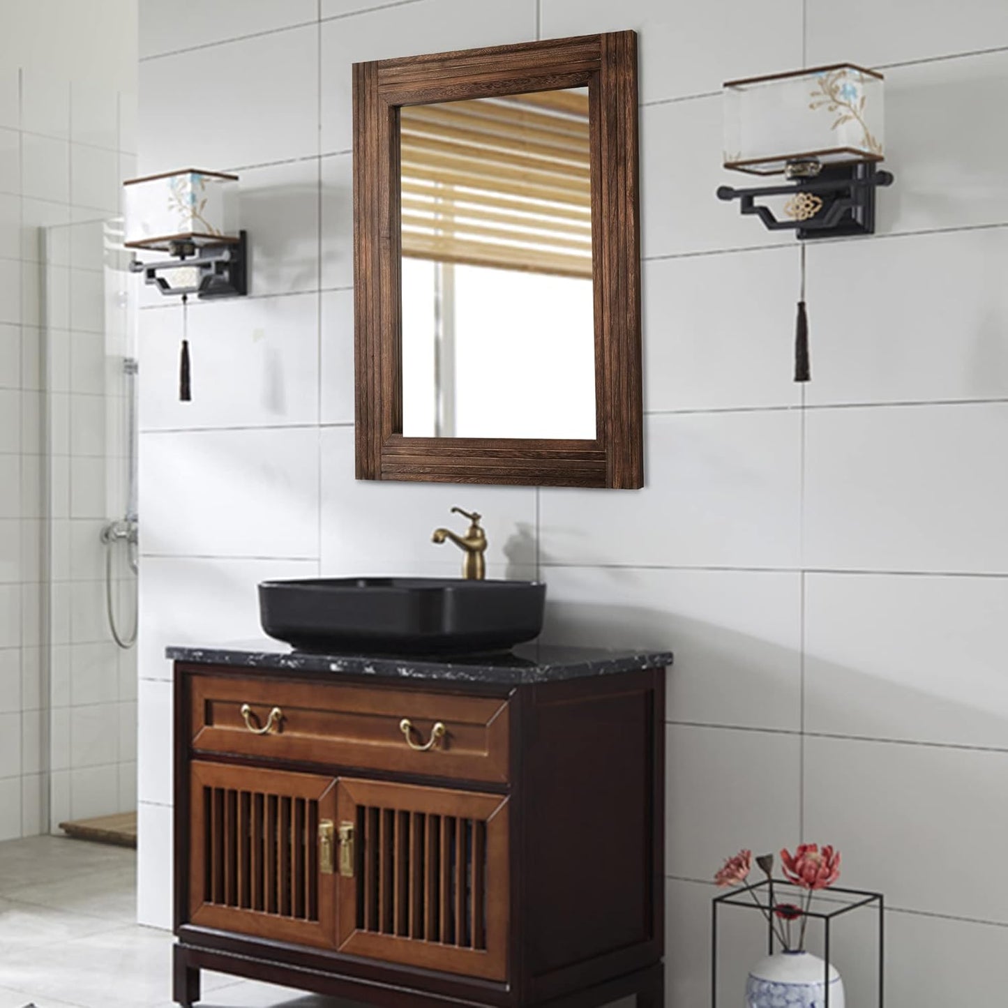 YOSHOOT Hand-Made Wooden Spliced Wall Mirror for Bathroom, Rustic Farmhouse Vanity Mirror, Décor Wall Art, Solid Wood Frame, Vertical or Horizontal Hanging