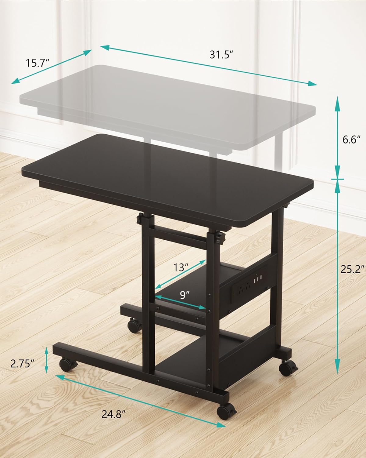 Height Adjustable End Table with Charging Station, Mobile C Shaped Laptop Side Table with Wheels, 3-Tier Sofa Couch Table with Storage Shelve for Living Room Bedroom, Black