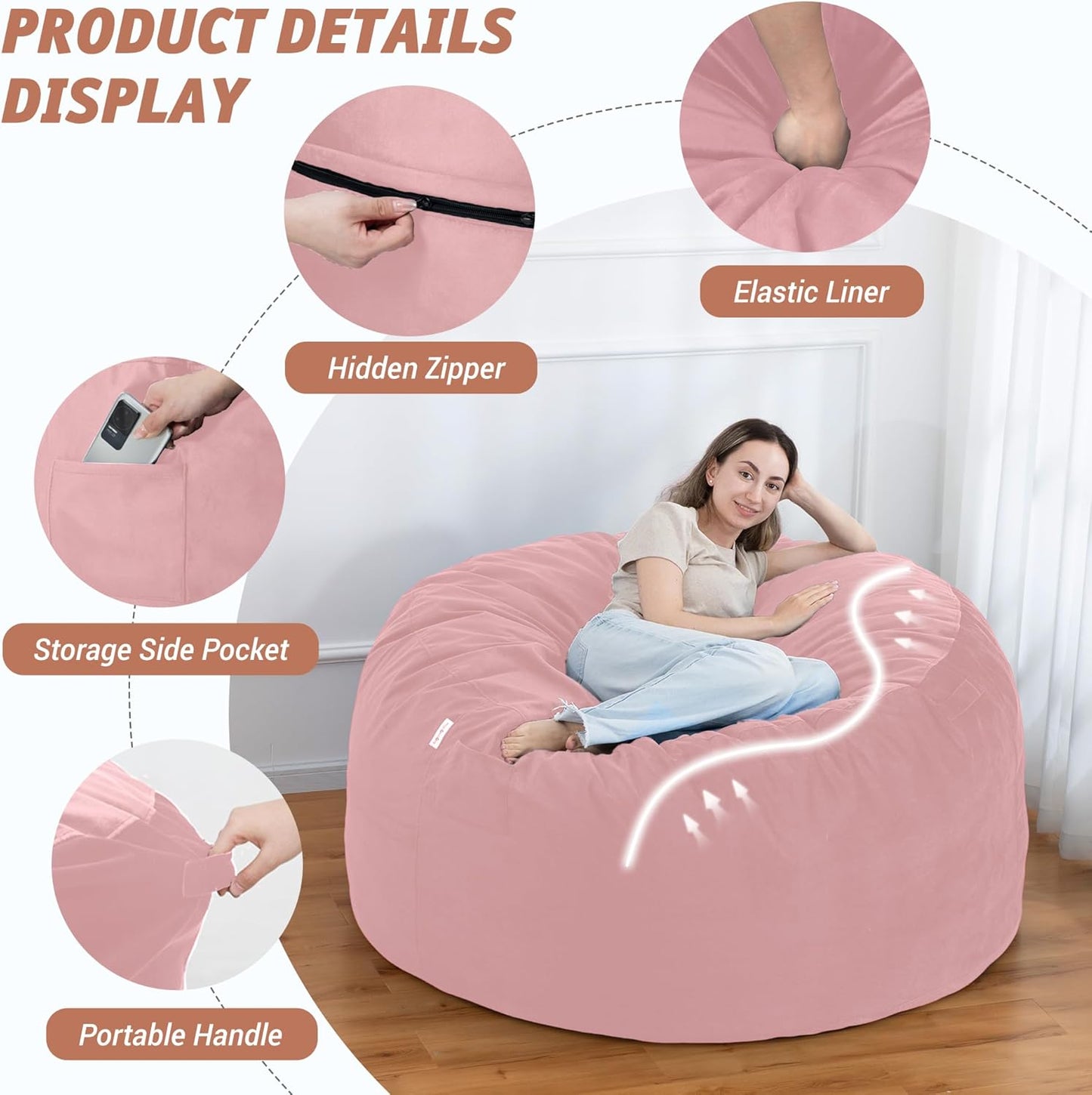 5FT Bean Bag Chair with Ultra Soft Velvet Cover Bean Bag Sofa with Memory Foam Bean Bag Chairs with Large Size Lazy Sofa for Dorm Office Living Room Bedroom Light Pink 5'