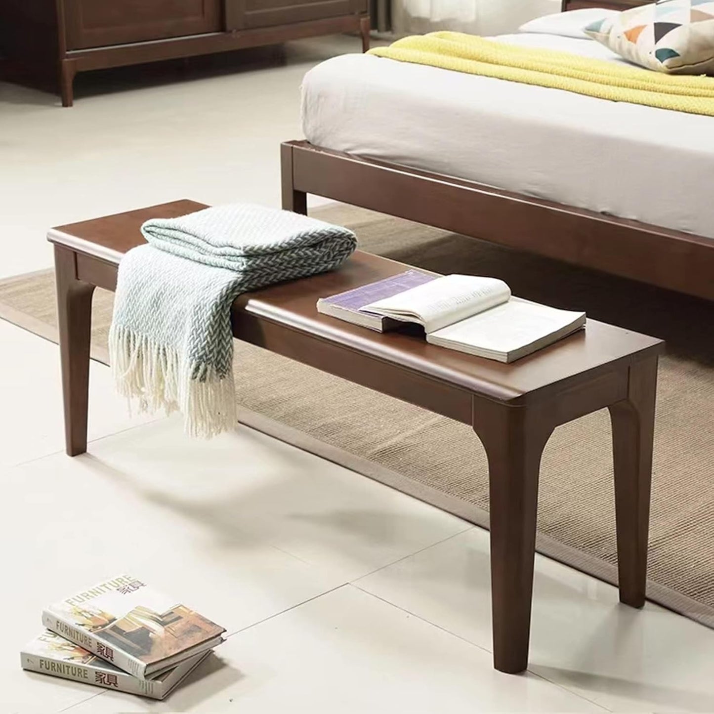 6 FT Dining Bench, Wood Solid Oak Wooden Bench Indoor Dining Room Home Bedroom Bed End Restaurant Modern Hallway Furniture (Walnut Color, 72”W x 13.8" D x 17.7" H)