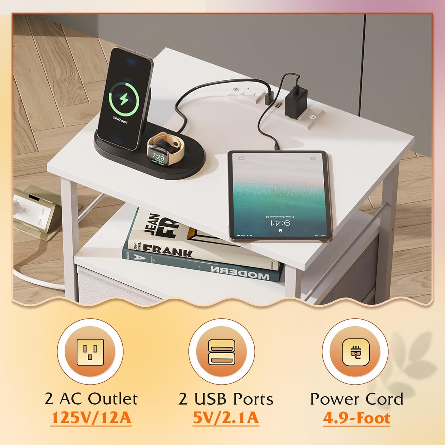 WLIVE Night Stand with Charger Station, White Nightstand with 2 Fabric Drawers, Bedside Table, Small Dresser for Bedroom, Side Table with USB Ports and Outlets