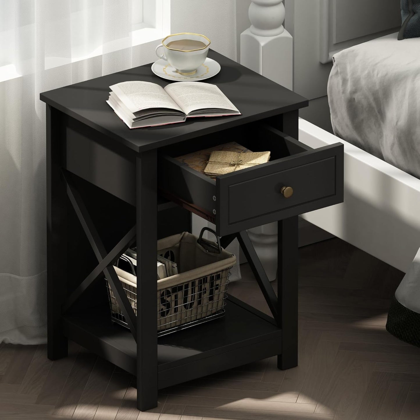 Treocho Black End Table Set of 2, Modern X-Design Night Stand,Bedside End Table with Open Storage for Small Place,Bedroom