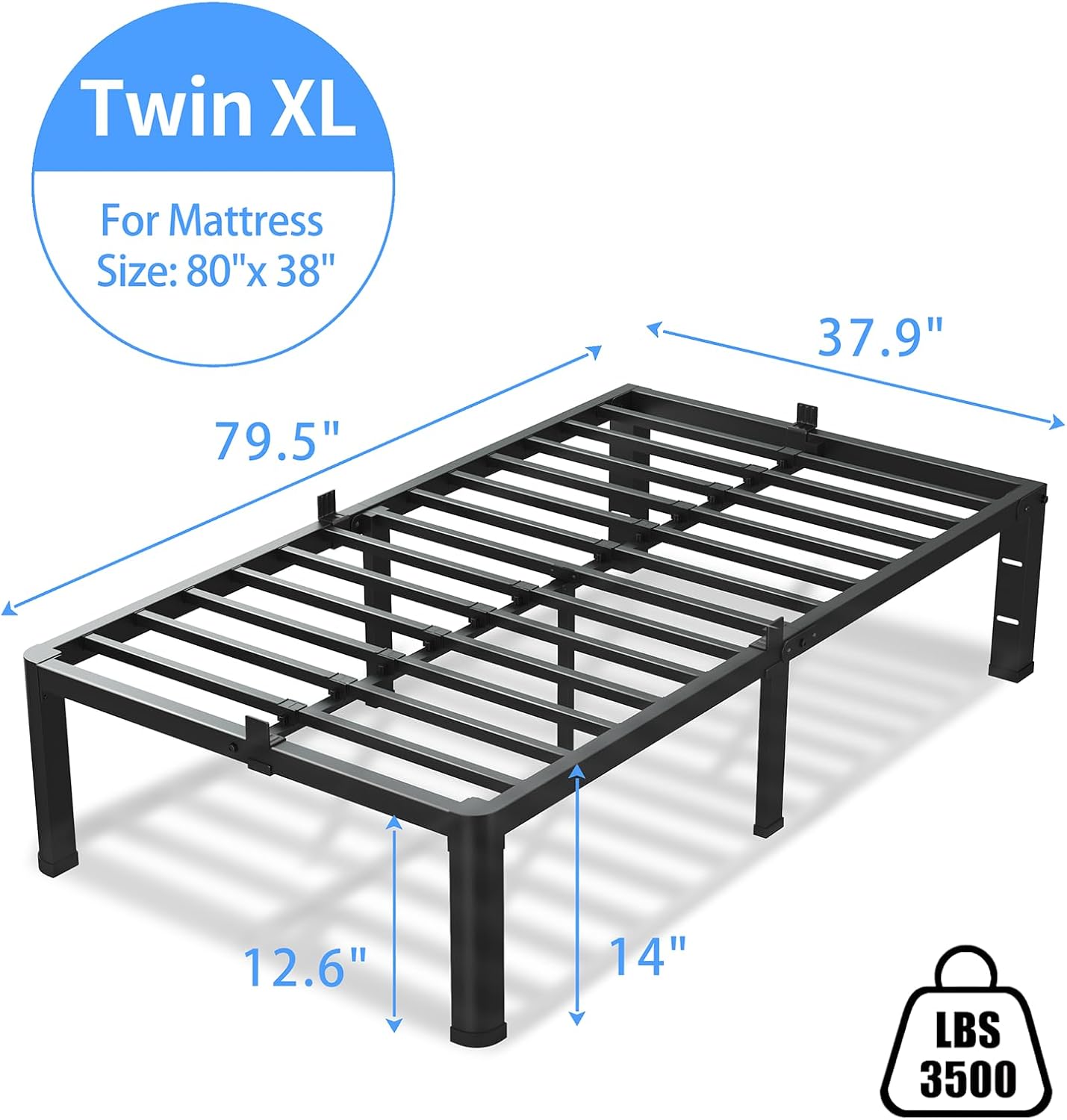 14 Inch Twin XL Bed Frame, 3500Lbs Heavy Duty Metal Platform with Round Corner Legs Mattress Slide Stopper, Steel Slat Support No Box Spring Needed, Noise Free, Non-Slip, Easy Assembly