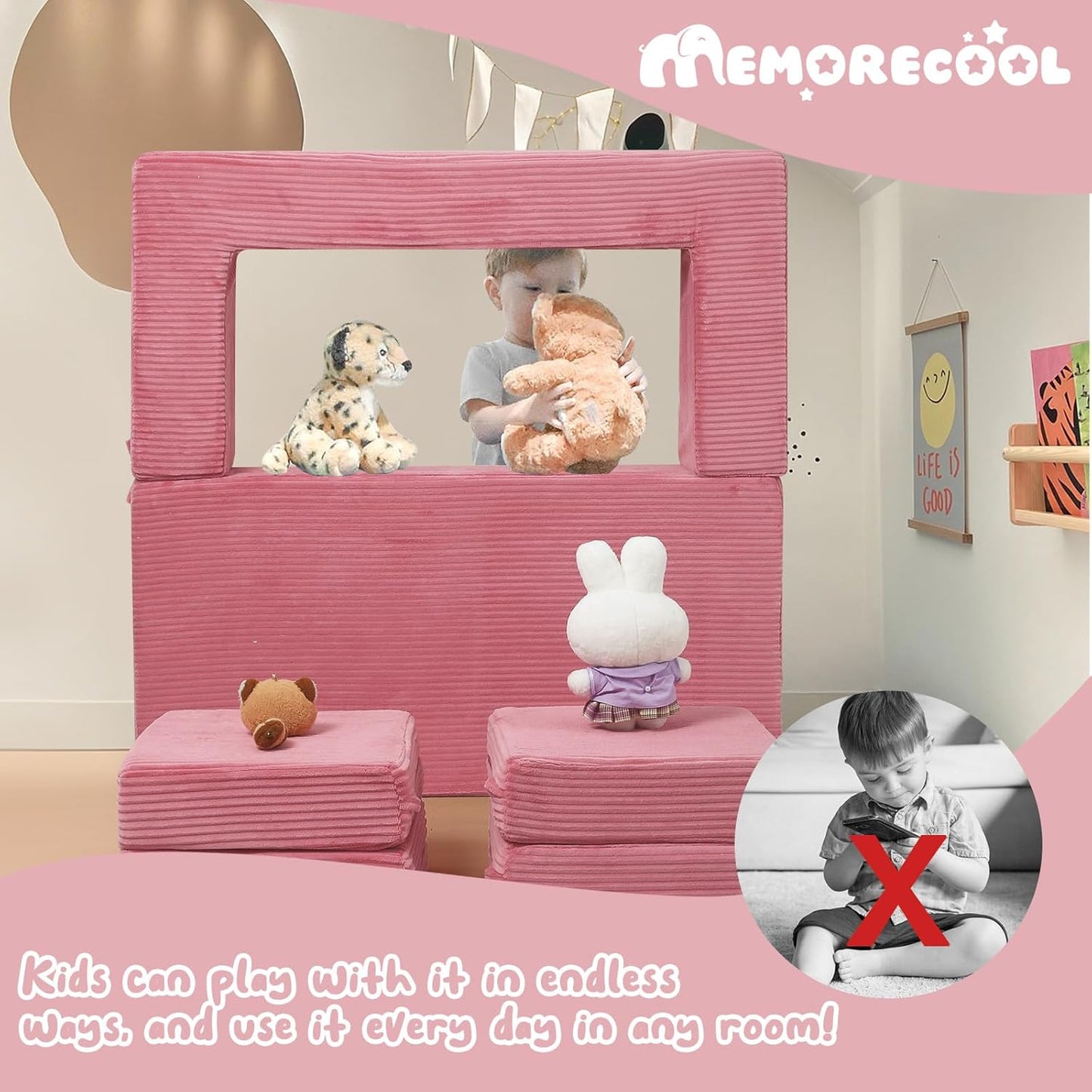 MeMoreCool Modular Kids Couch, Corduroy Play Toddler Couch for Bedroom Playroom Furniture, Convertible Foam Kids Sofa Bed, Fold Out Baby Sofa for Girl Boy, Pink