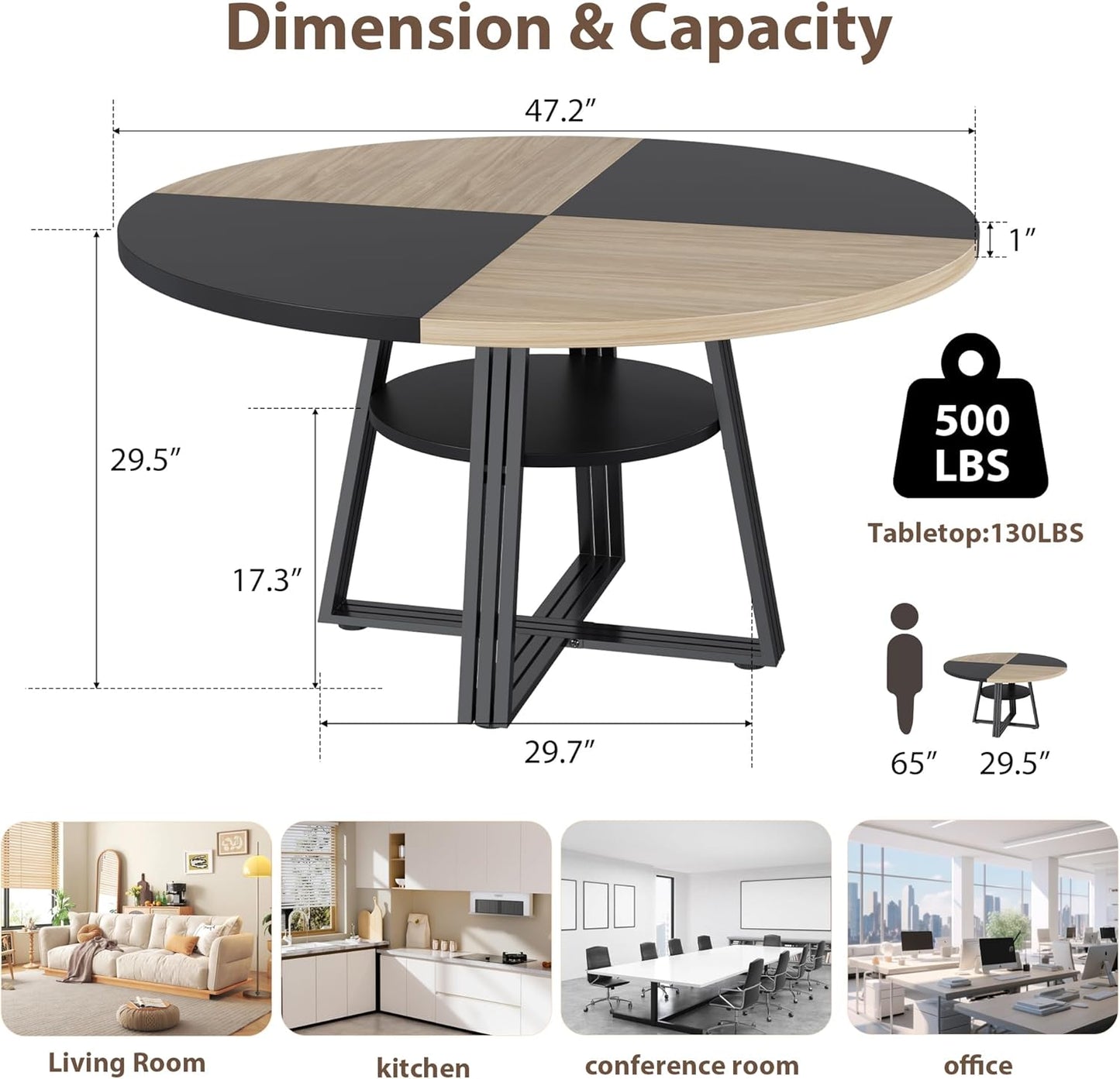 GarveeHome Round Dining Table for 4-6, 47.2" Farmhouse Kitchen Table with Storage, Circle Dinner Tables for Kitchen, Dining Room, Living Room, Meeting Room, Apartment, Natural and Black