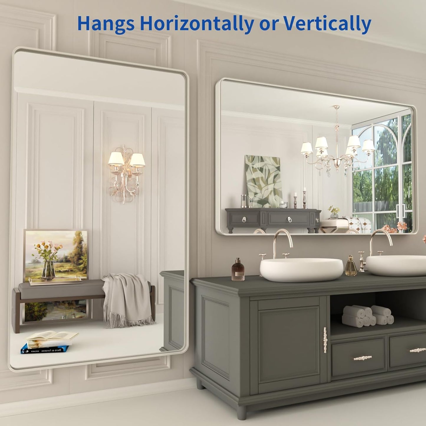 WEER 50X30 Inch Brushed Nickel Bathroom Mirror, Brushed Silver Metal Frame Mirror, Rounded Rectangle Silver Bathroom Vanity Mirror, Tempered Glass, Anti-Rust, Hangs Horizontally or Vertically