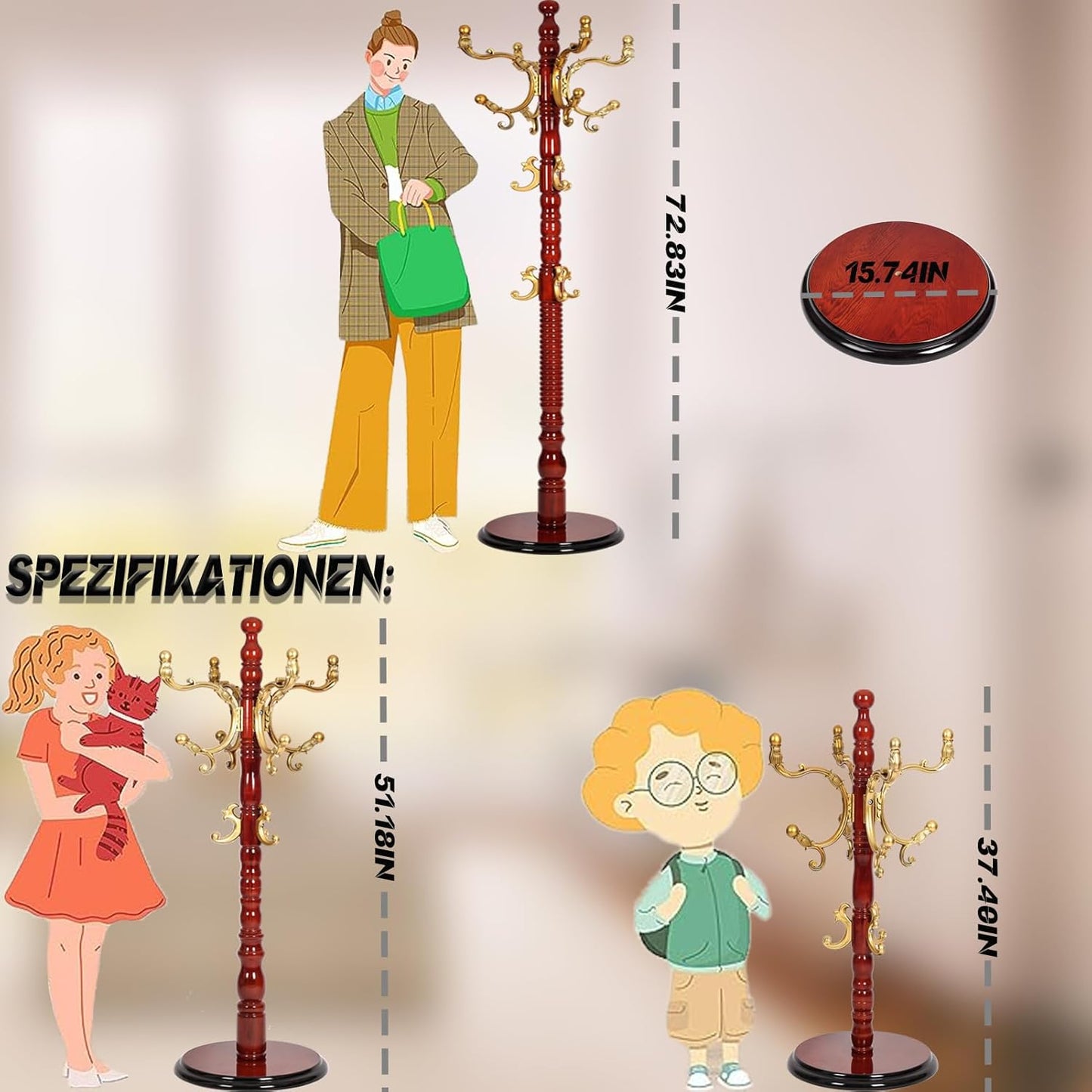 73 in Wood Coat Rack, Coat Rack Freestanding with Stable Round Base, Adjustable Height Tree Coat Racks Stand for Home Bedroom Office Hallway Entryway (Haitang color)